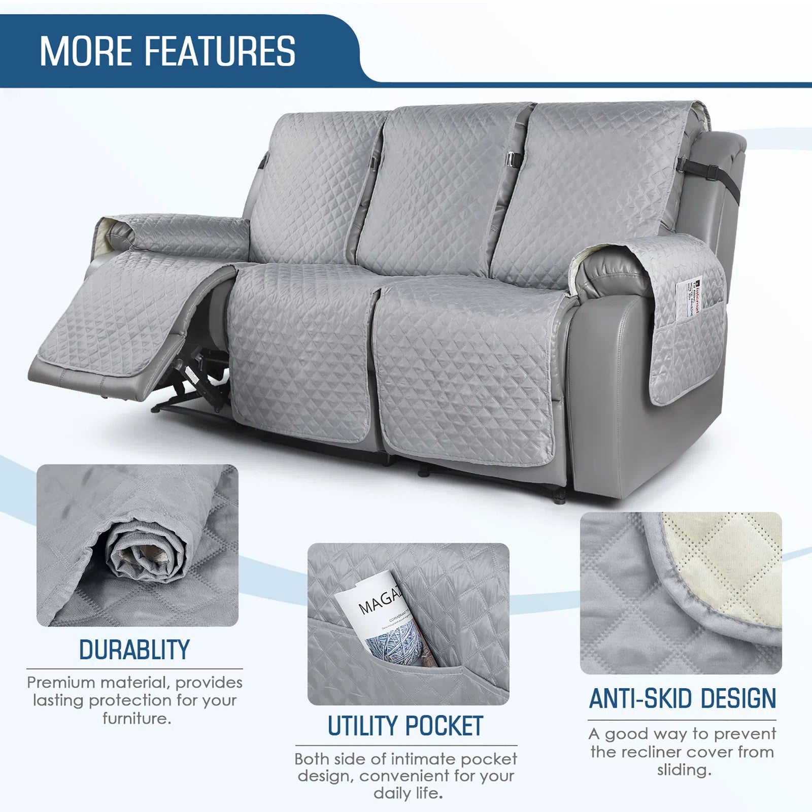 Omkar Velvet Quilted 3 Seater Recliner Cover in Warm Grey  Colour - Febonic Living