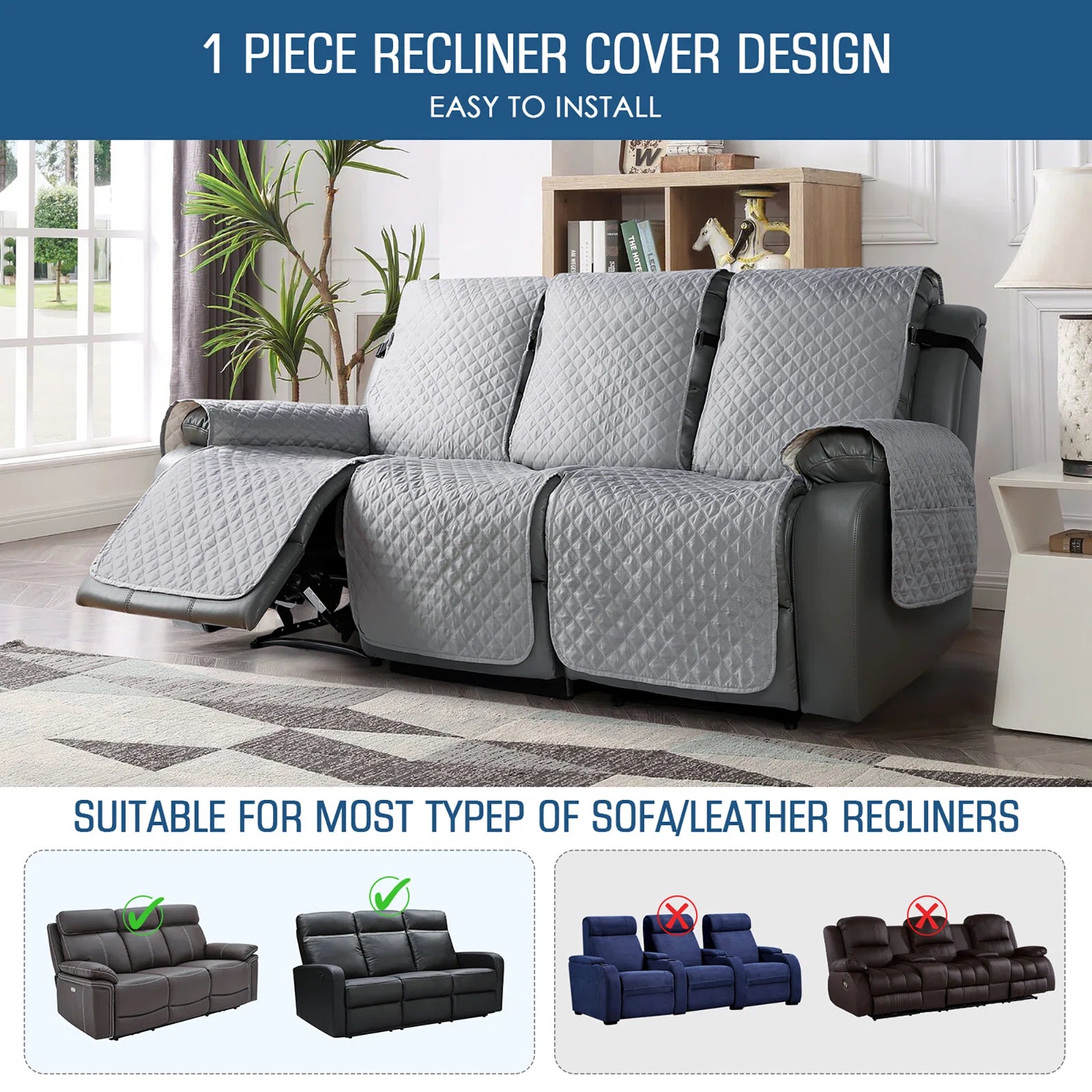 Omkar Velvet Quilted 3 Seater Recliner Cover in Warm Grey  Colour - Febonic Living