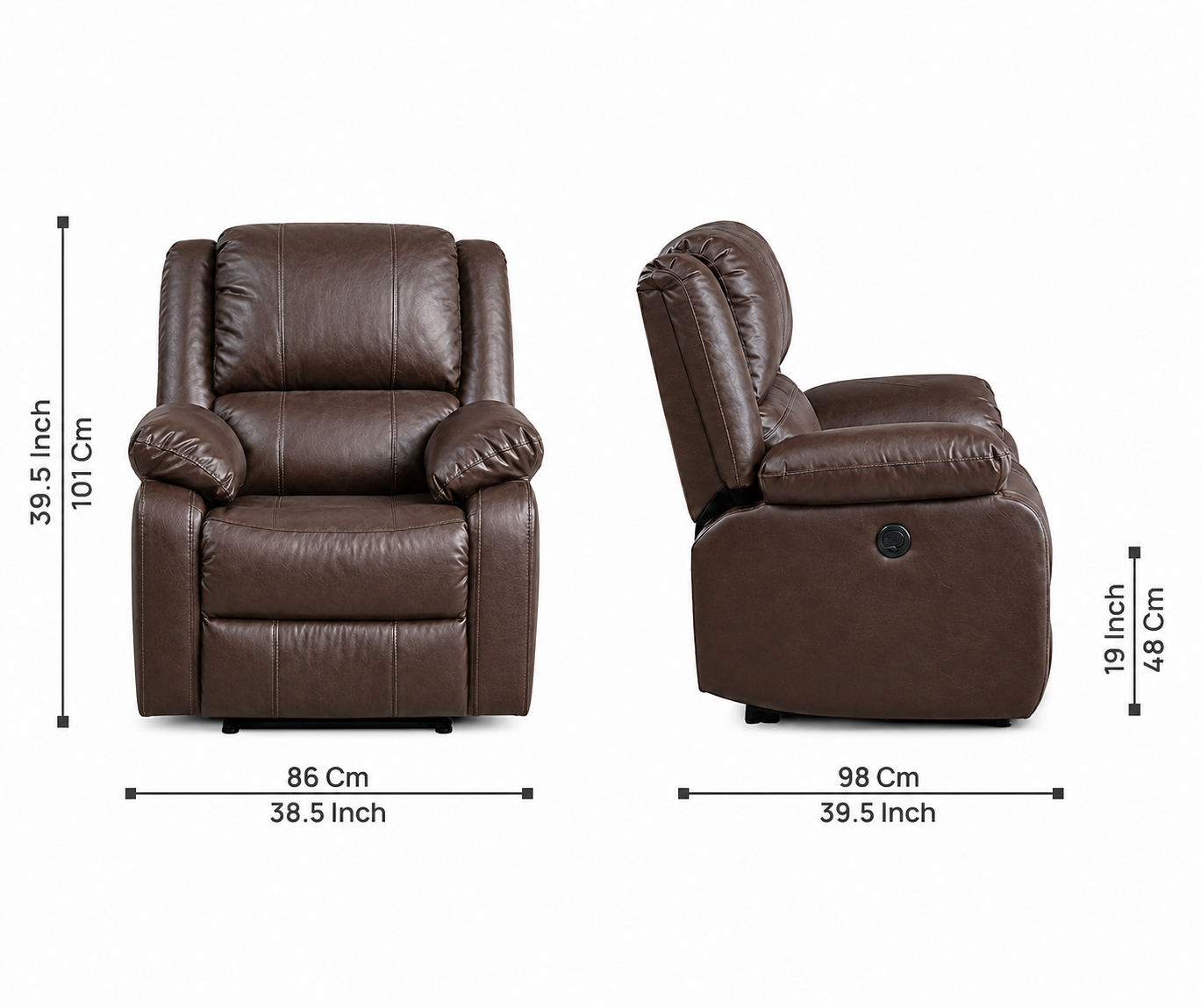 Brawo 1 Seater Motorized Leatherette Recliner - Peca Brown- Dimensions by Febonic Living