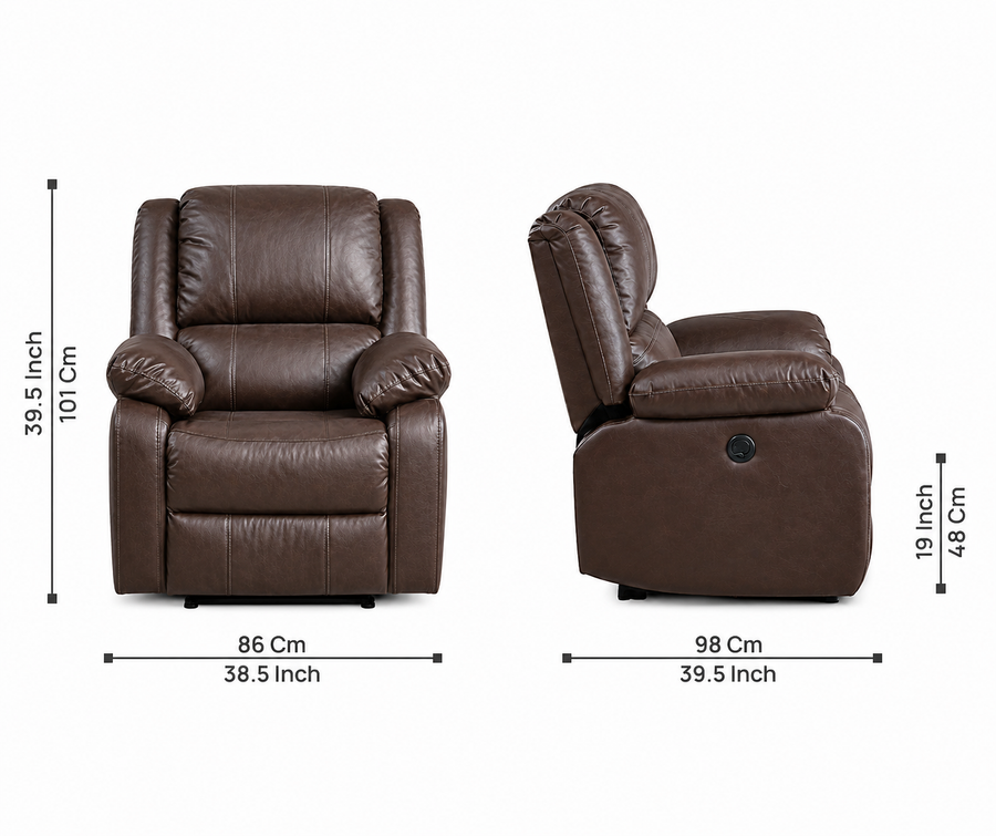 Brawo 1 Seater Motorized Leatherette Recliner - Peca Brown- Dimensions by Febonic Living