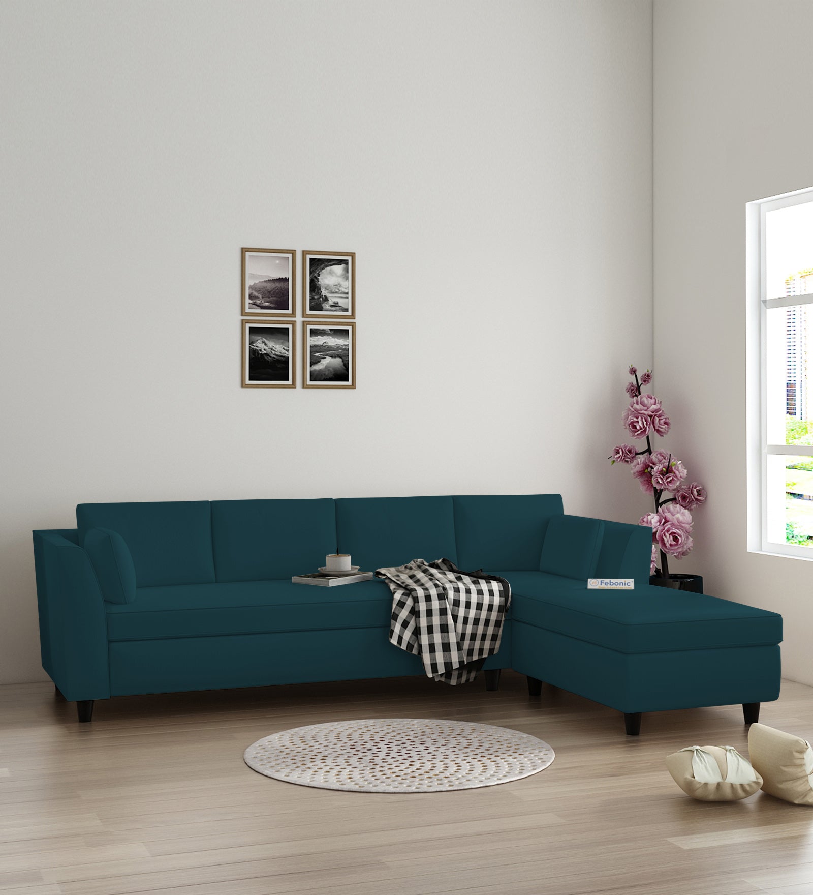 Bristo Velvet LHS Sectional Sofa (3+Lounger) In Arabian Green Colour - Febonic Living