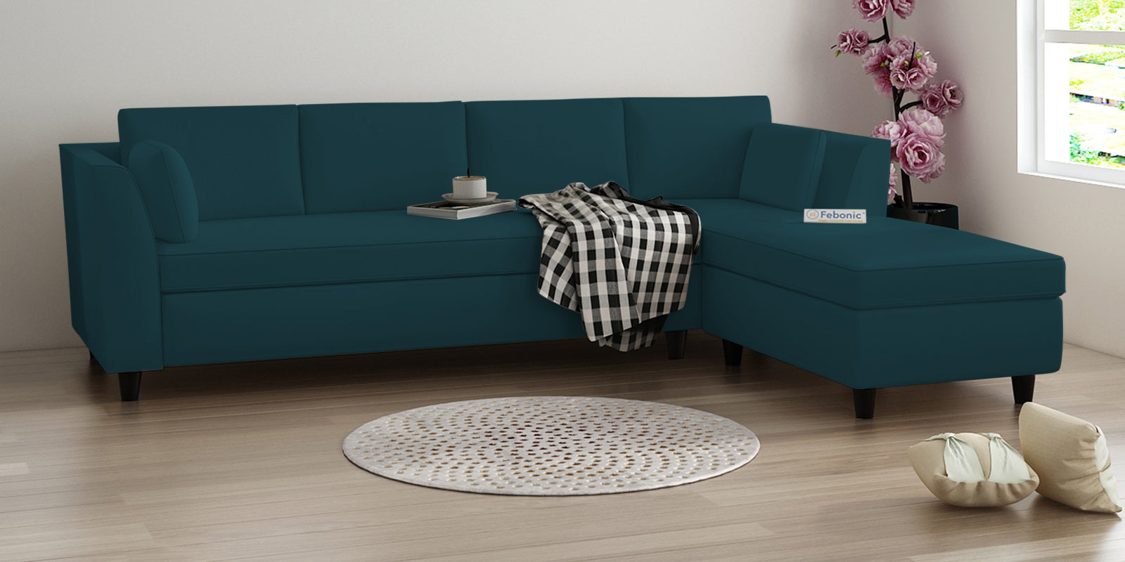 Bristo Velvet LHS Sectional Sofa (3+Lounger) In Arabian Green Colour - Febonic Living