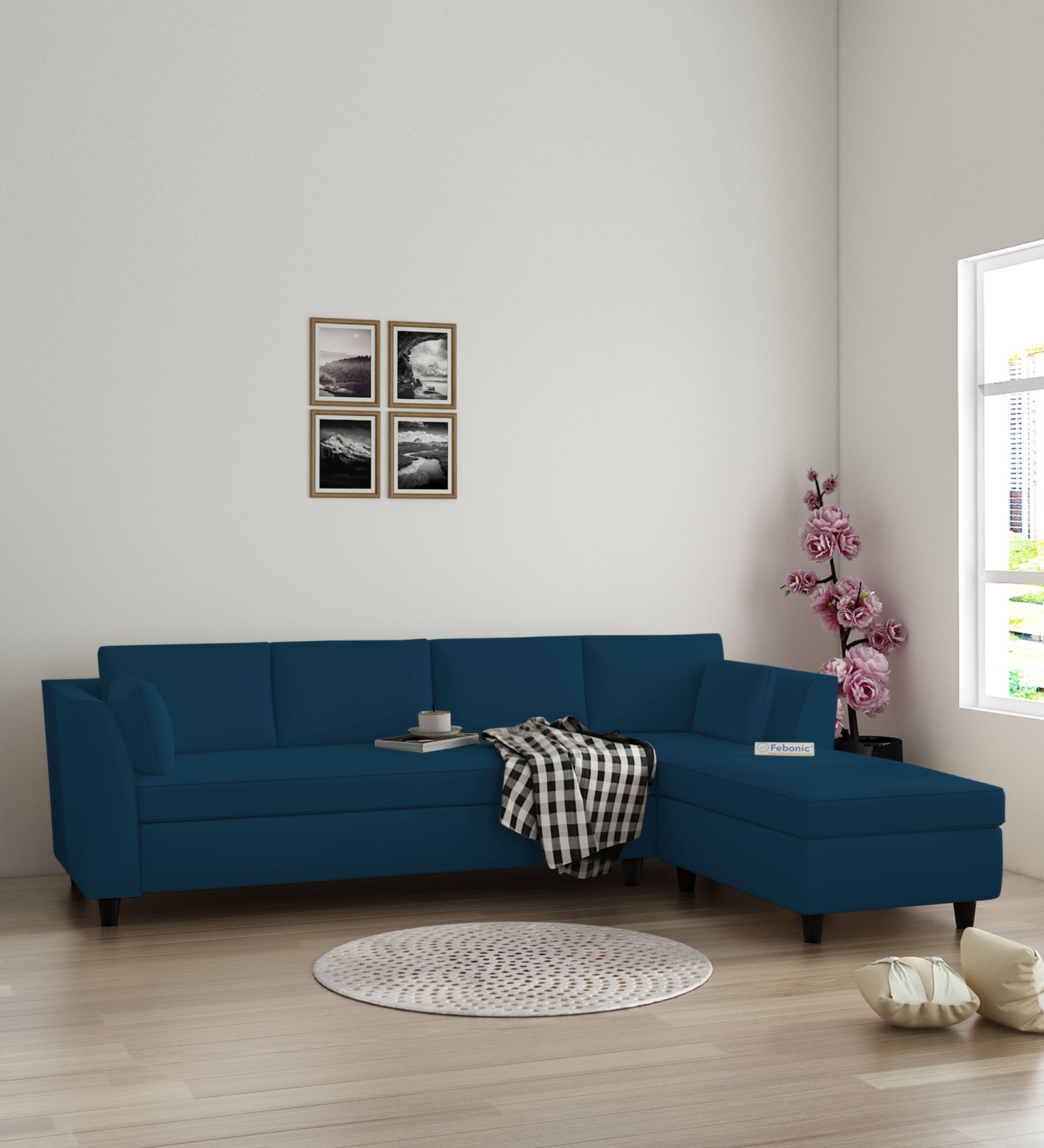 Bristo Velvet LHS Sectional Sofa (3+Lounger) In Azure Blue Colour - Febonic Living