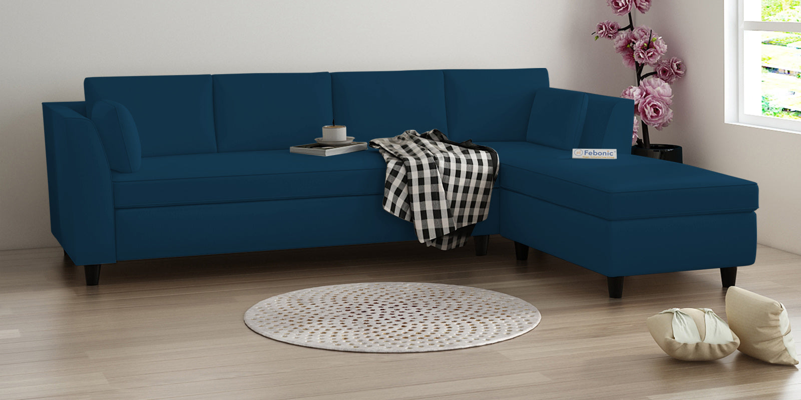 Bristo Velvet LHS Sectional Sofa (3+Lounger) In Azure Blue Colour - Febonic Living