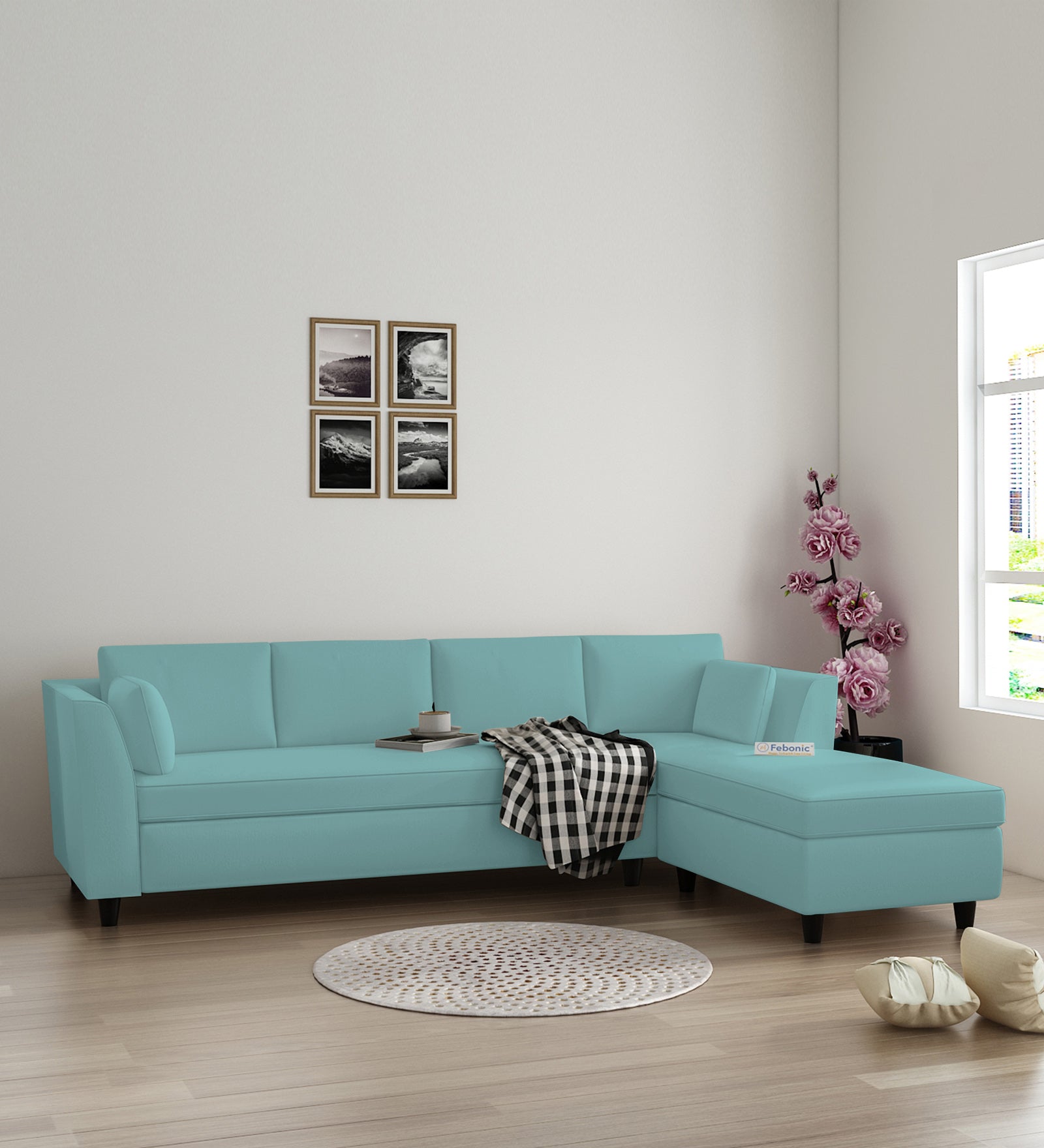 Bristo Velvet LHS Sectional Sofa (3+Lounger) In Barmunda Aqua Colour - Febonic Living
