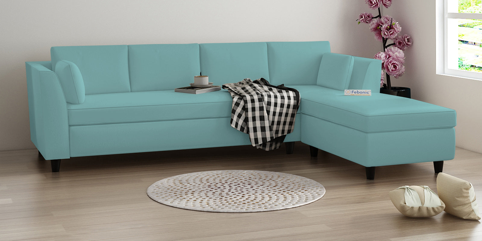Bristo Velvet LHS Sectional Sofa (3+Lounger) In Barmunda Aqua Colour - Febonic Living
