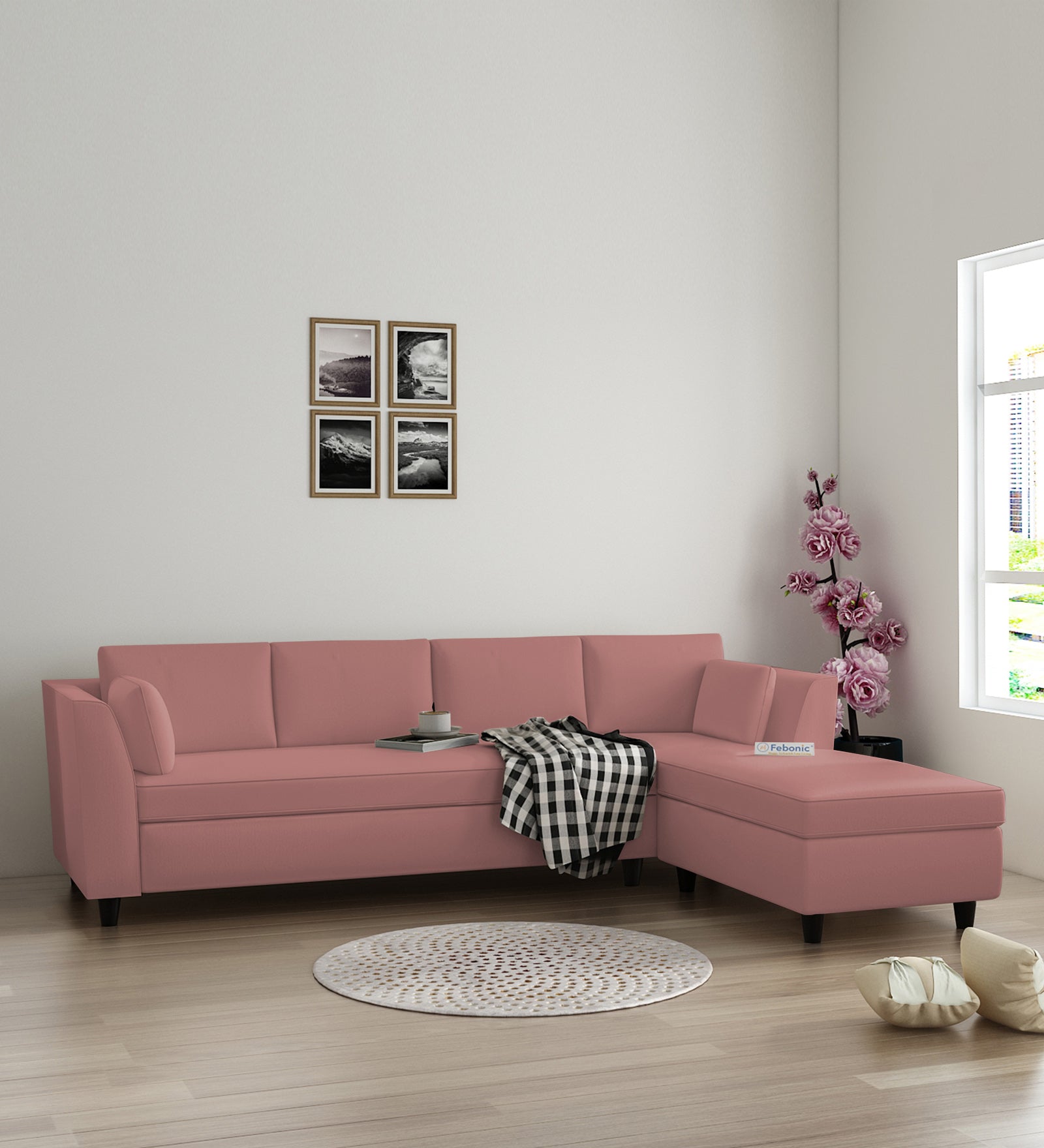Bristo Velvet LHS Sectional Sofa (3+Lounger) In Blush Pink Colour - Febonic Living