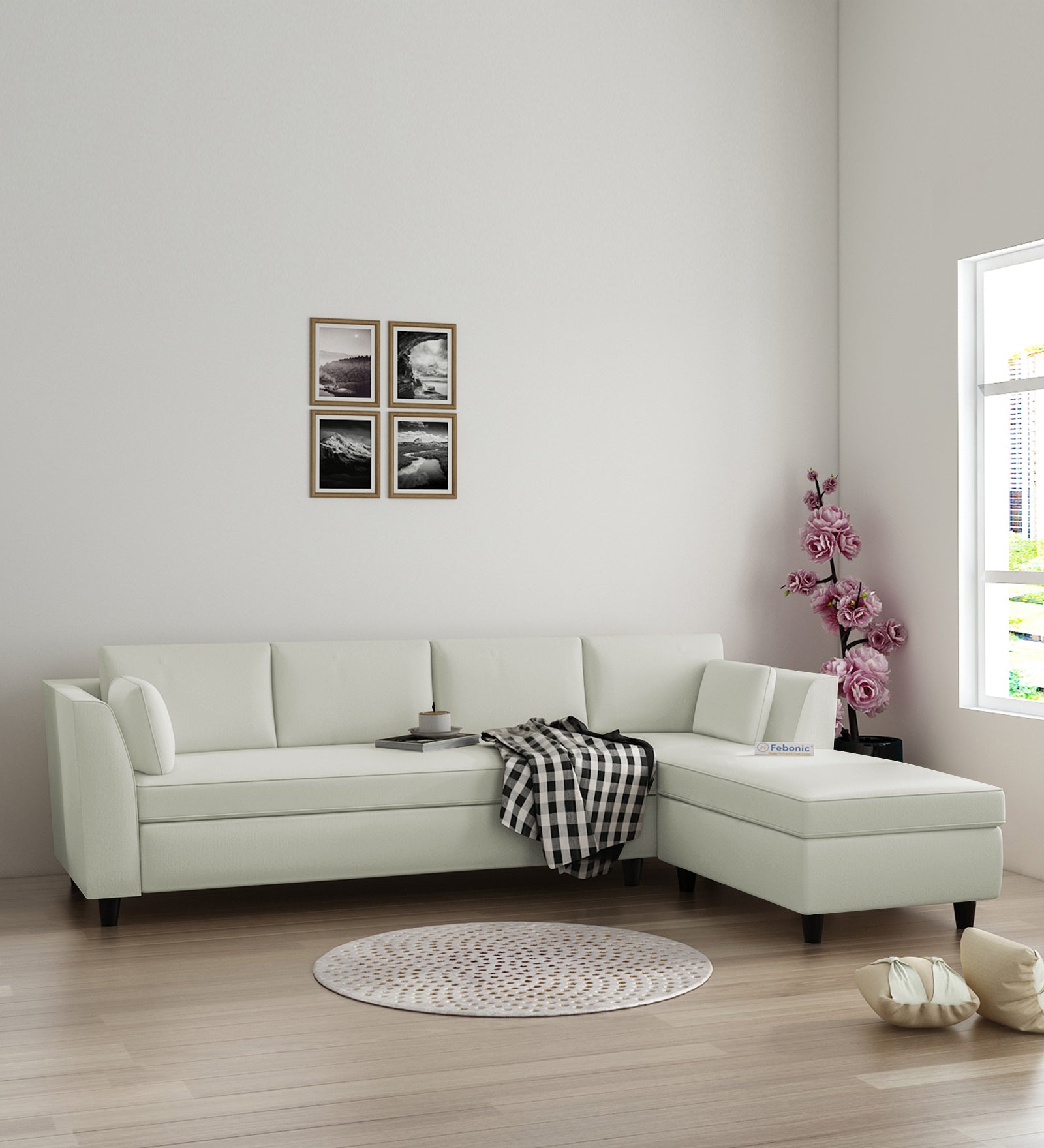 Bristo Velvet LHS Sectional Sofa (3+Lounger) In Bone Grey Colour - Febonic Living
