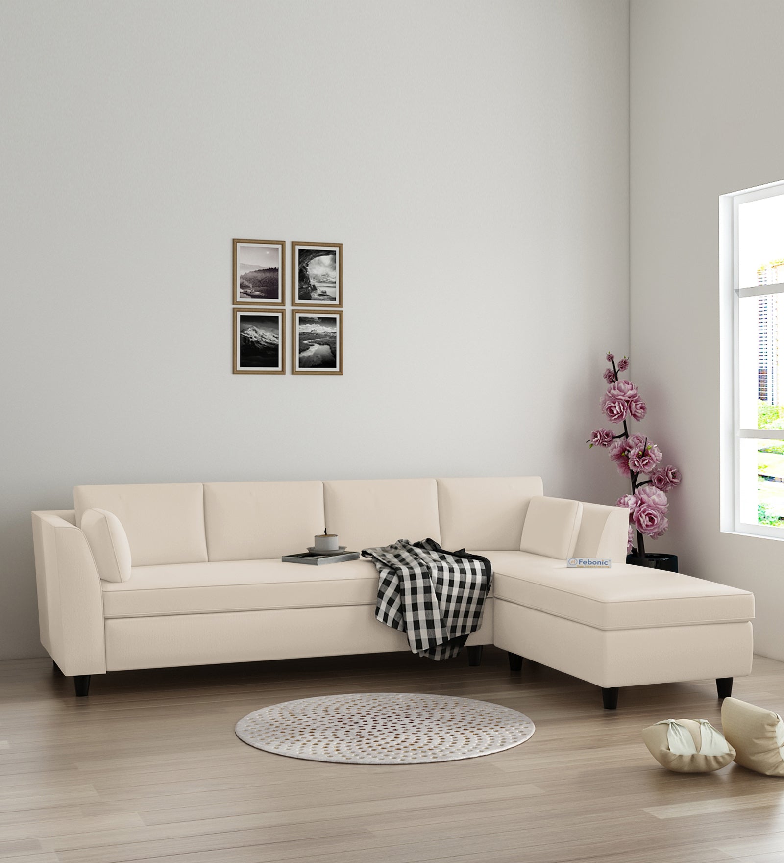 Bristo Velvet LHS Sectional Sofa (3+Lounger) In Camel Beige Colour - Febonic Living