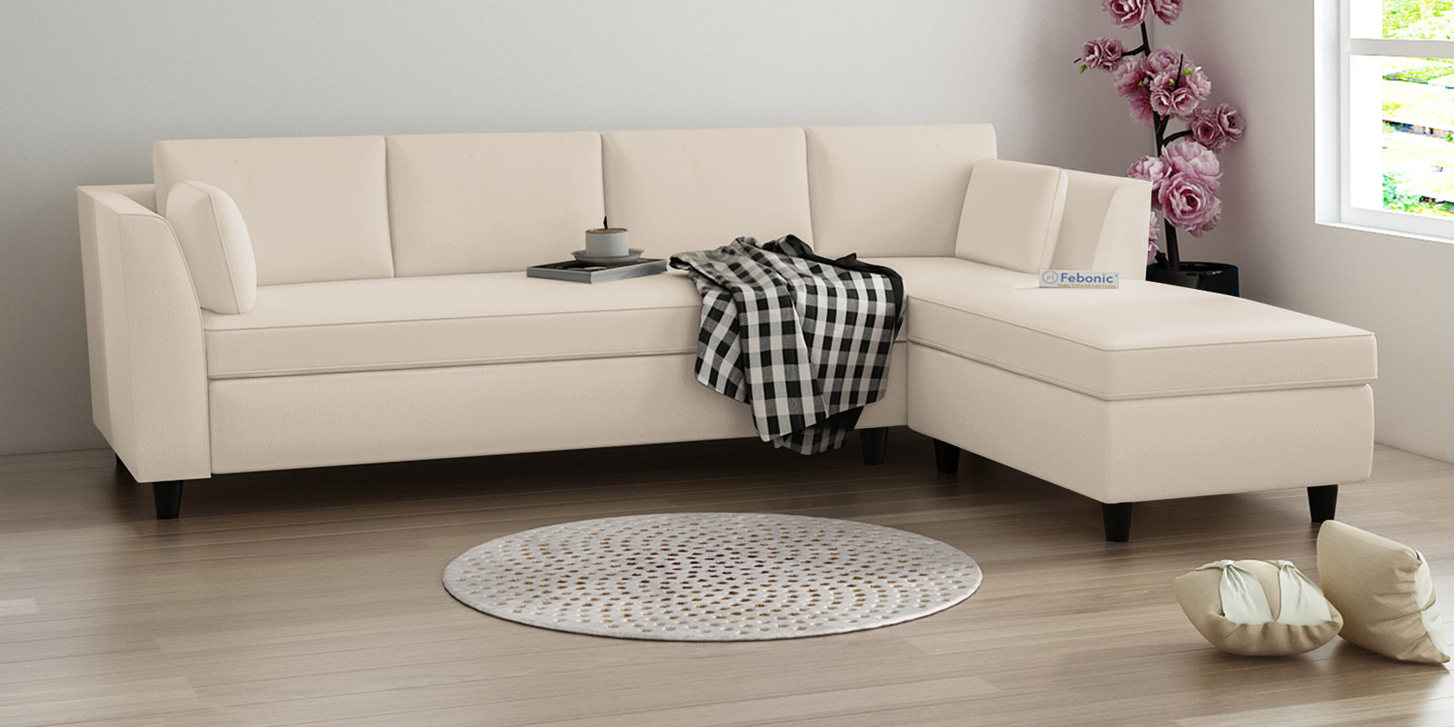 Bristo Velvet LHS Sectional Sofa (3+Lounger) In Camel Beige Colour - Febonic Living