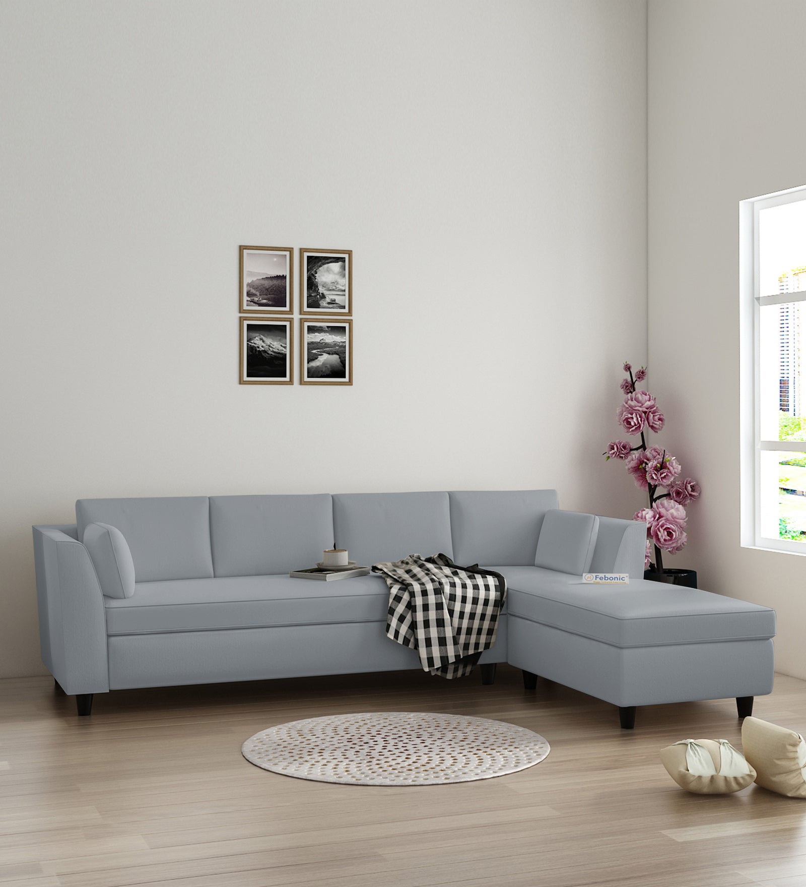 Bristo Velvet LHS Sectional Sofa (3+Lounger) In Concrete Grey Colour - Febonic Living