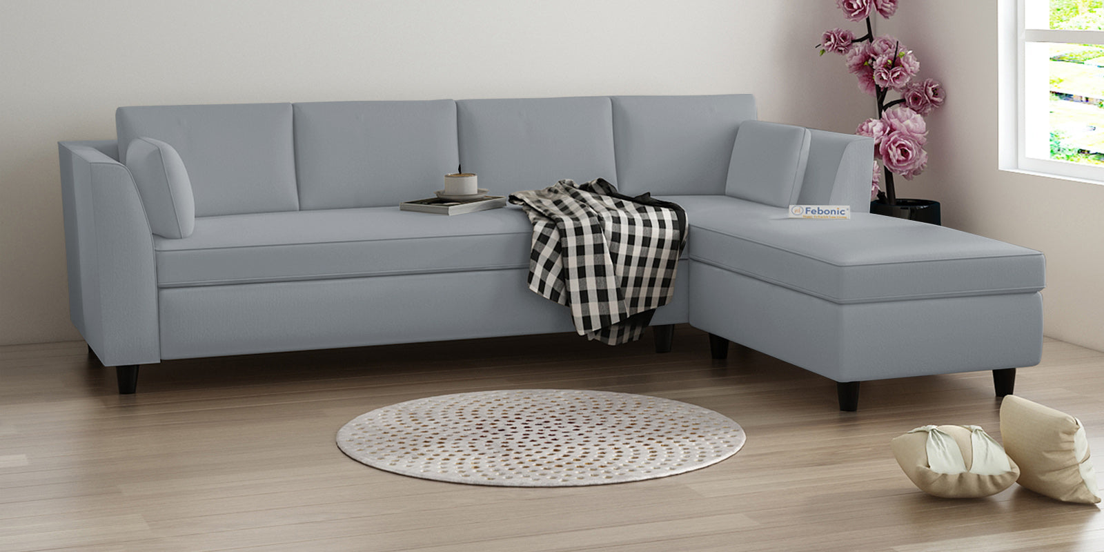 Bristo Velvet LHS Sectional Sofa (3+Lounger) In Concrete Grey Colour - Febonic Living