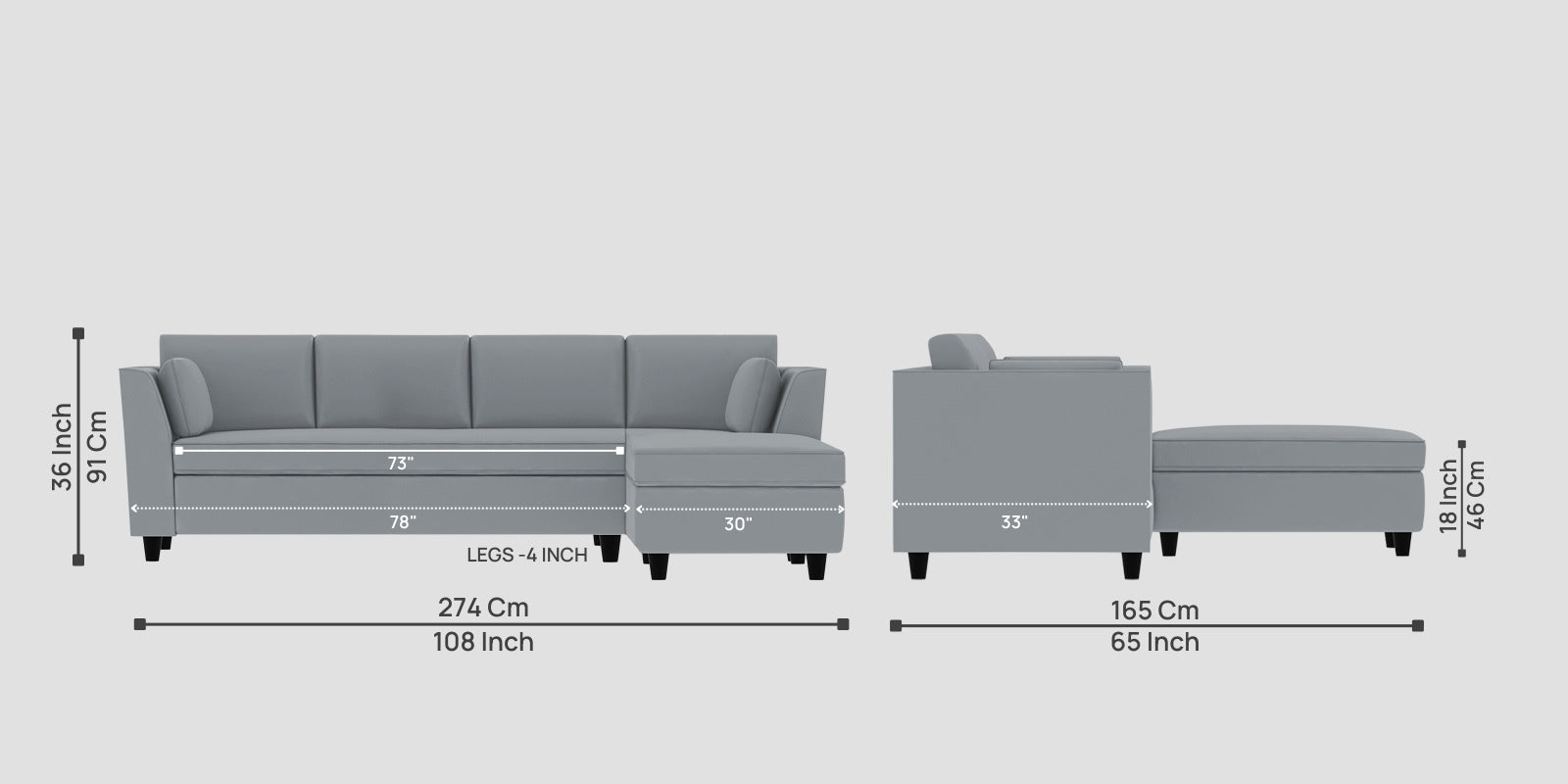 Bristo Velvet LHS Sectional Sofa (3+Lounger) In Concrete Grey Colour - Febonic Living