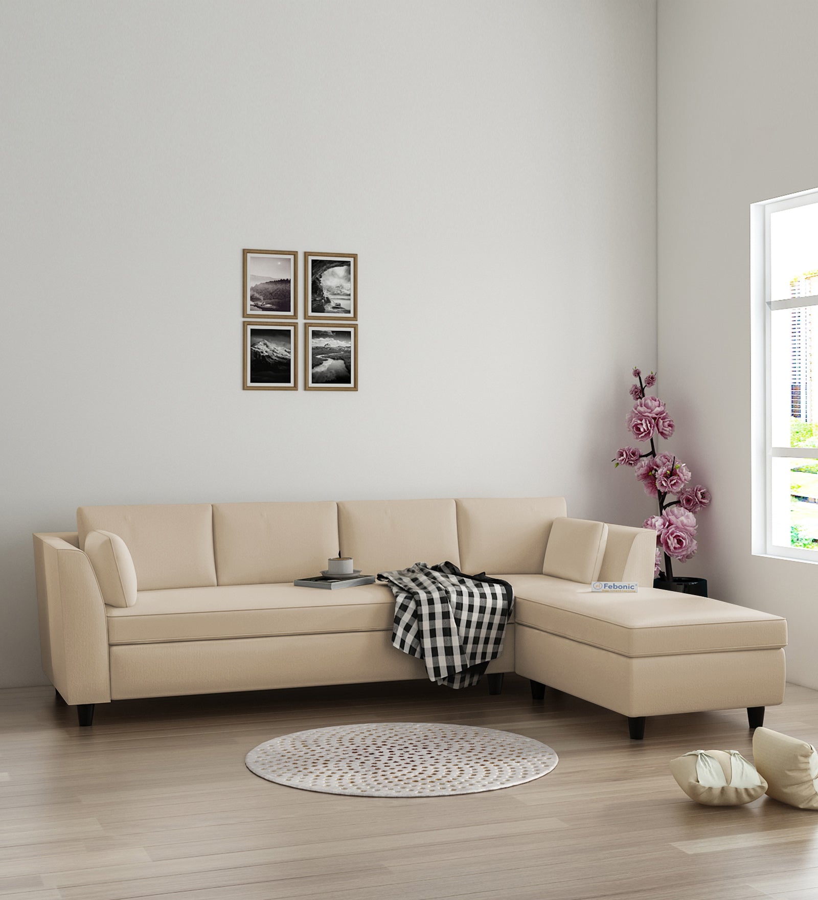 Bristo Velvet LHS Sectional Sofa (3+Lounger) In Cream Beige Colour - Febonic Living