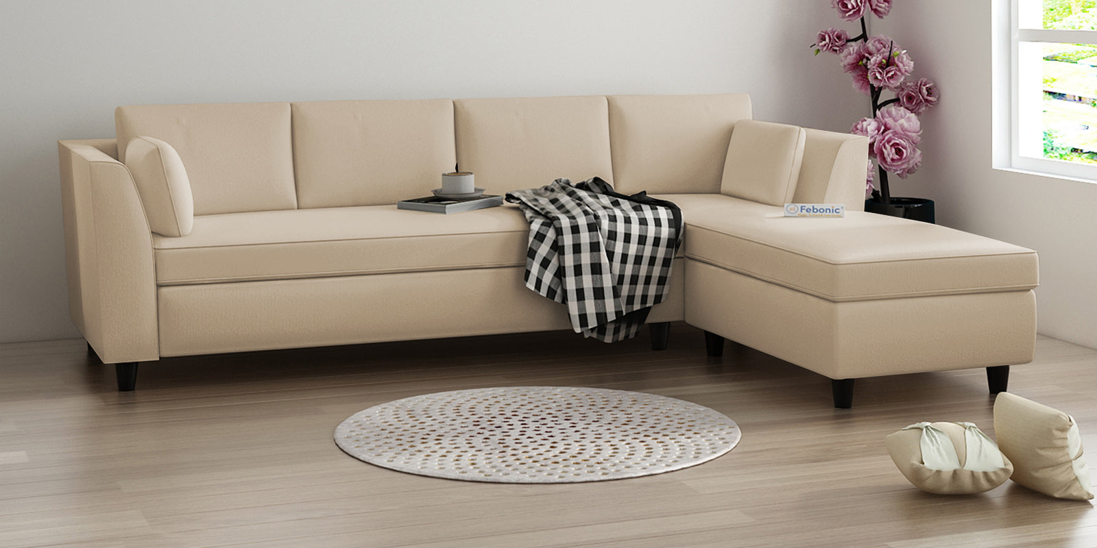 Bristo Velvet LHS Sectional Sofa (3+Lounger) In Cream Beige Colour - Febonic Living