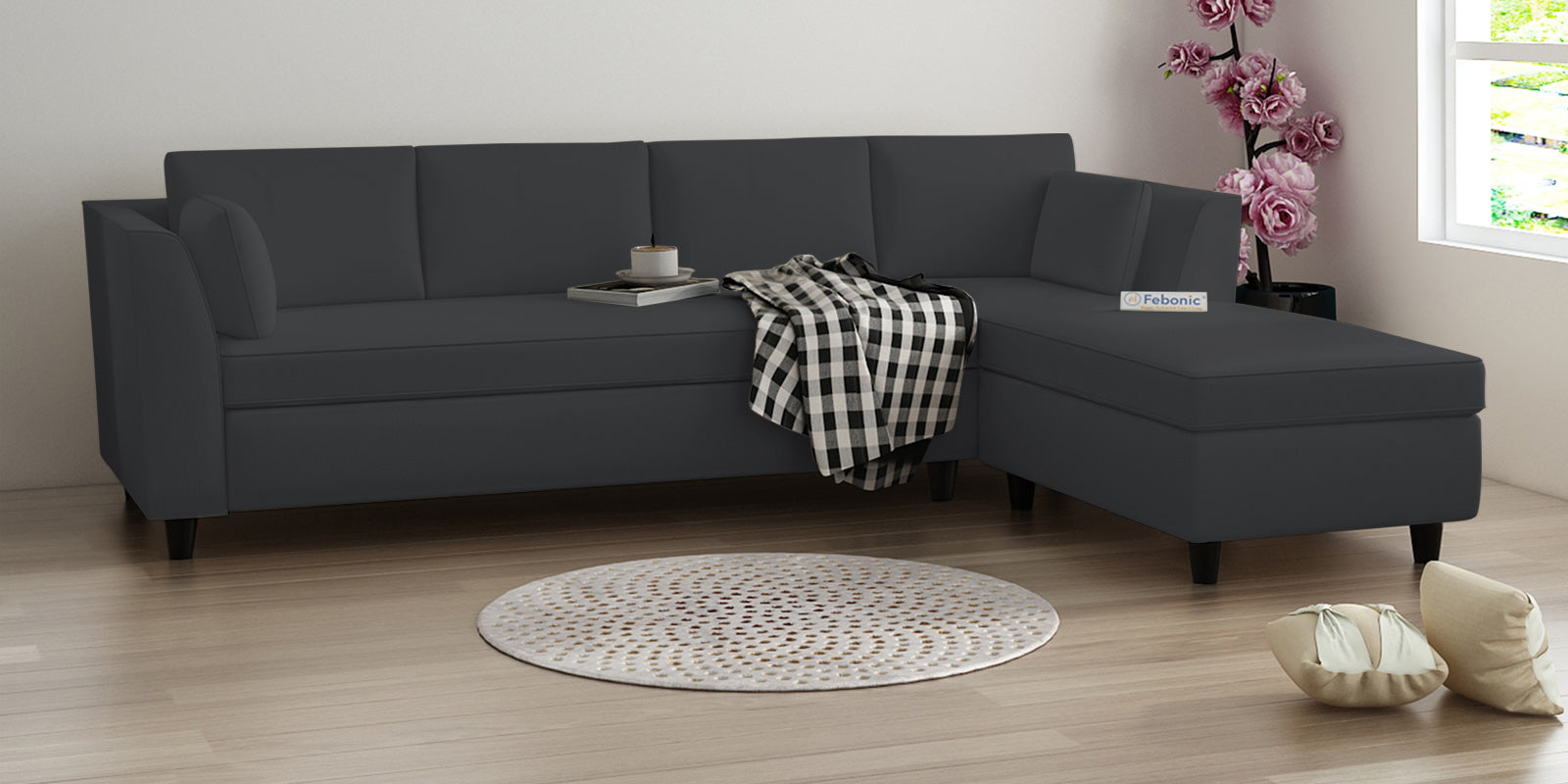 Bristo Velvet LHS Sectional Sofa (3+Lounger) In Davy Grey Colour - Febonic Living