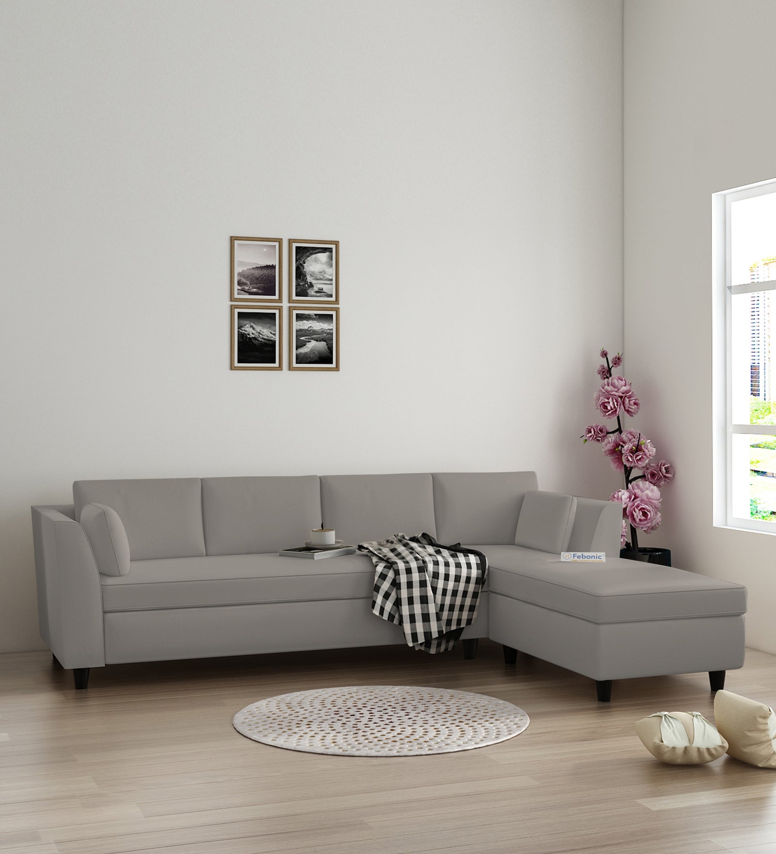 Bristo Velvet LHS Sectional Sofa (3+Lounger) In Echo Grey Colour - Febonic Living