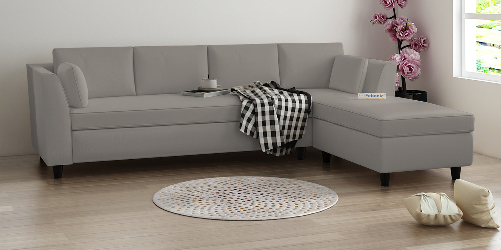 Bristo Velvet LHS Sectional Sofa (3+Lounger) In Echo Grey Colour - Febonic Living
