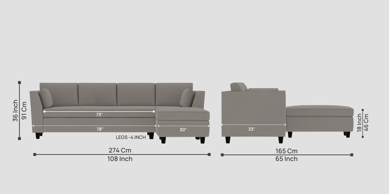 Bristo Velvet LHS Sectional Sofa (3+Lounger) In Echo Grey Colour - Febonic Living
