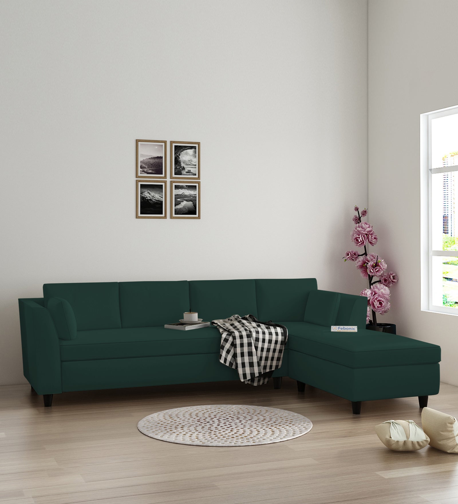 Bristo Velvet LHS Sectional Sofa (3+Lounger) In Forest Green Colour - Febonic Living