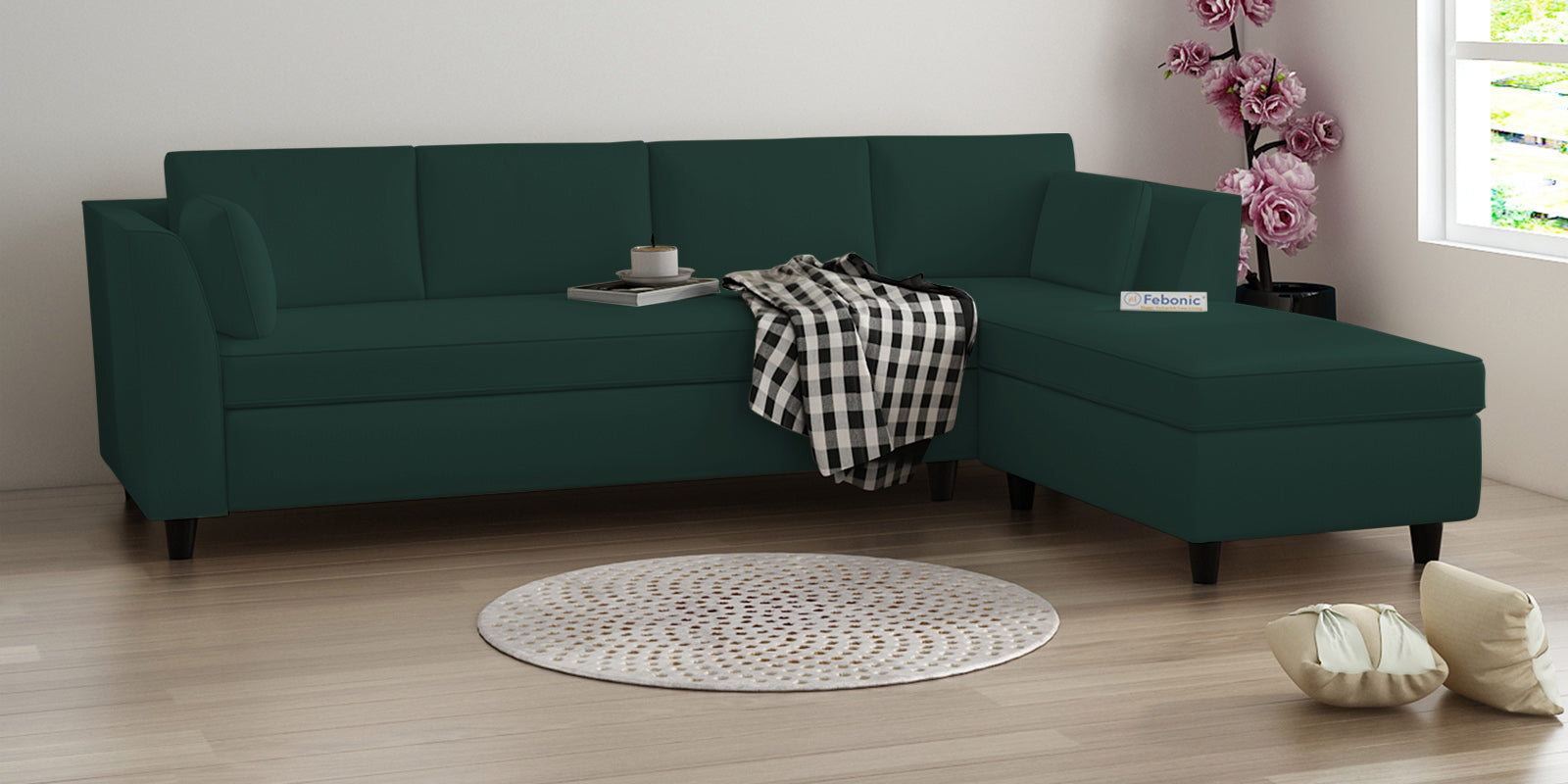 Bristo Velvet LHS Sectional Sofa (3+Lounger) In Forest Green Colour - Febonic Living