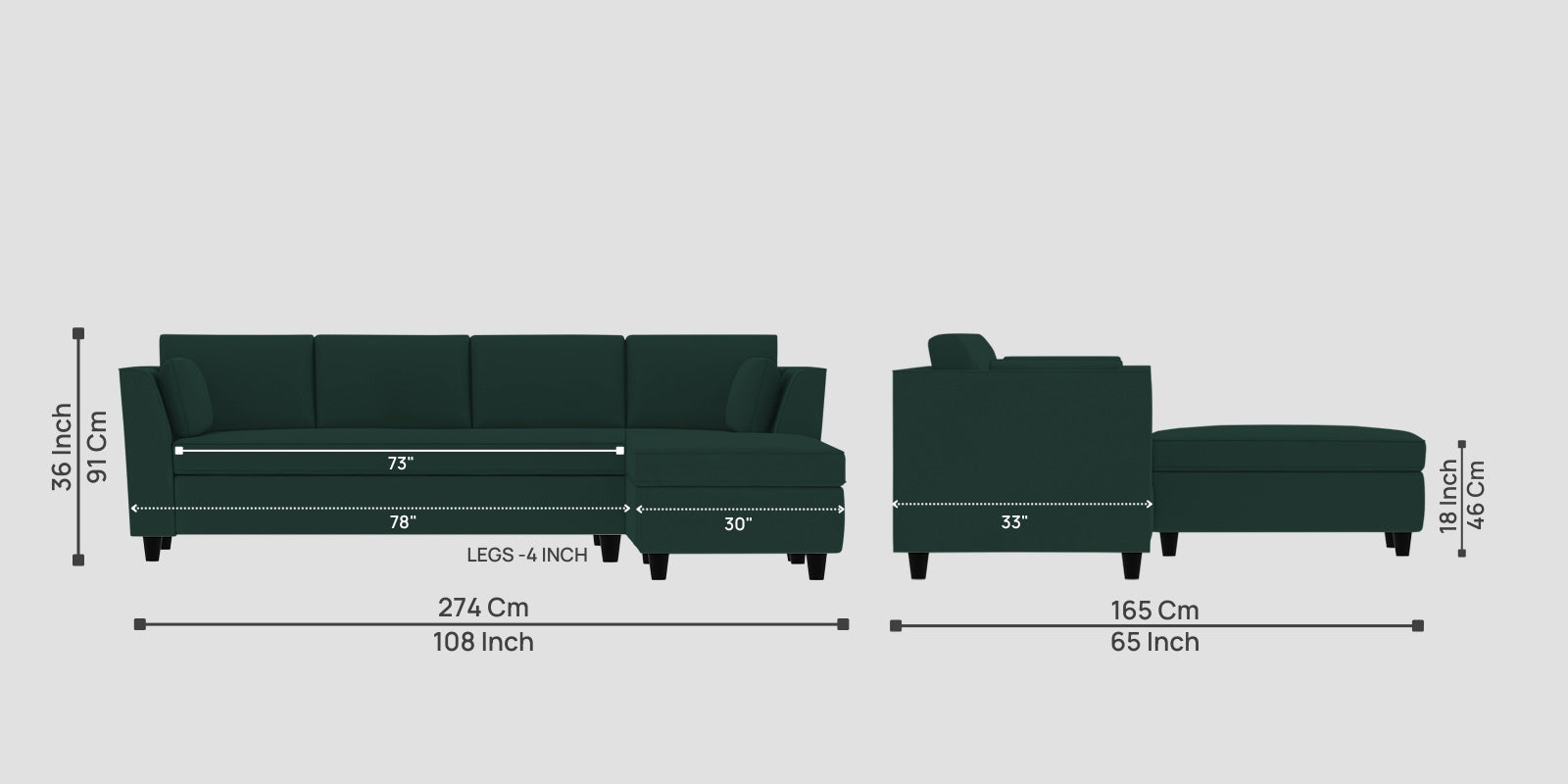Bristo Velvet LHS Sectional Sofa (3+Lounger) In Forest Green Colour - Febonic Living
