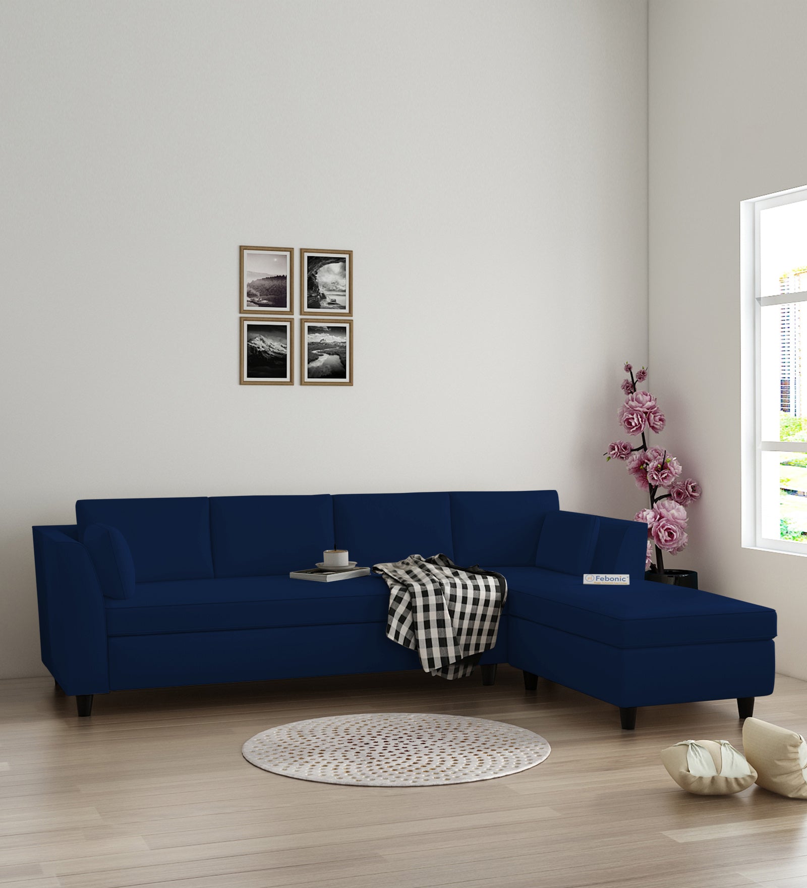 Bristo Velvet LHS Sectional Sofa (3+Lounger) In Imperial Blue Colour - Febonic Living