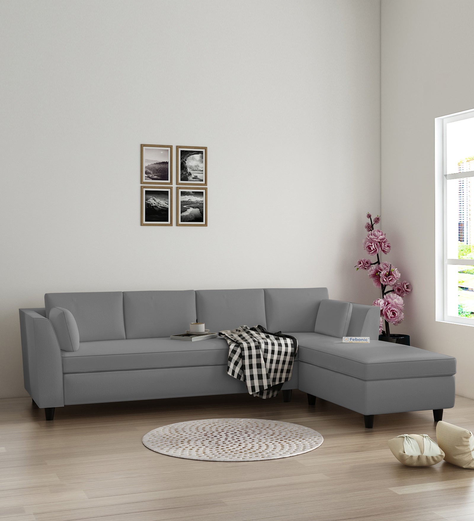 Bristo Velvet LHS Sectional Sofa (3+Lounger) In Light Grey Colour - Febonic Living