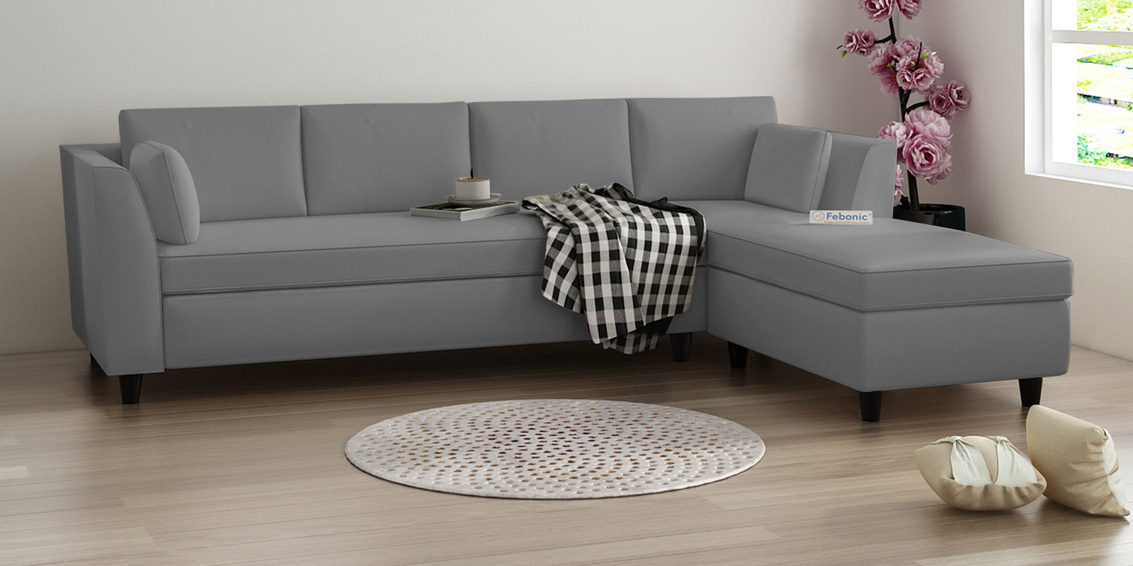 Bristo Velvet LHS Sectional Sofa (3+Lounger) In Light Grey Colour - Febonic Living