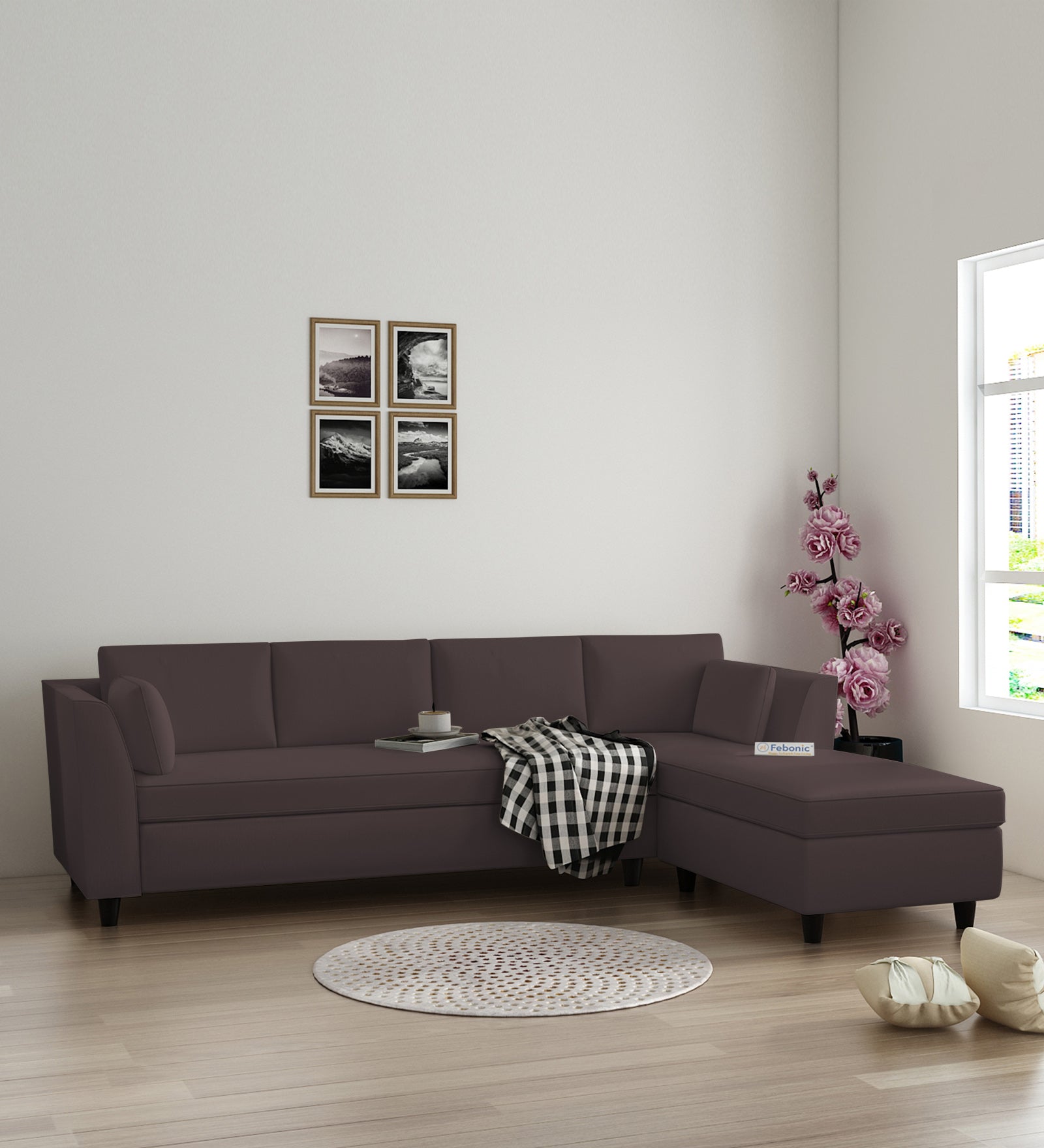 Bristo Velvet LHS Sectional Sofa (3+Lounger) In Mocha Brown Colour - Febonic Living