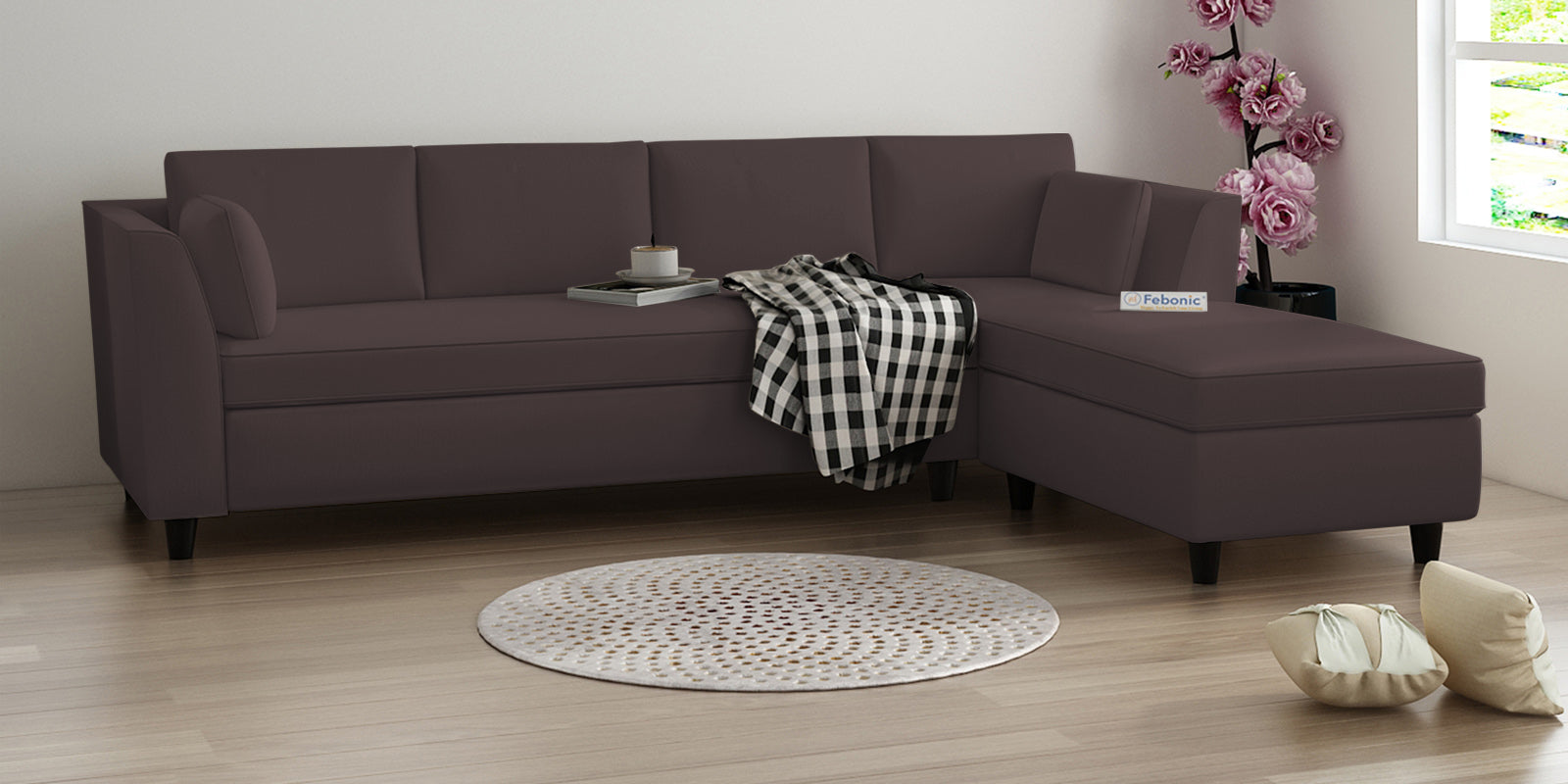 Bristo Velvet LHS Sectional Sofa (3+Lounger) In Mocha Brown Colour - Febonic Living