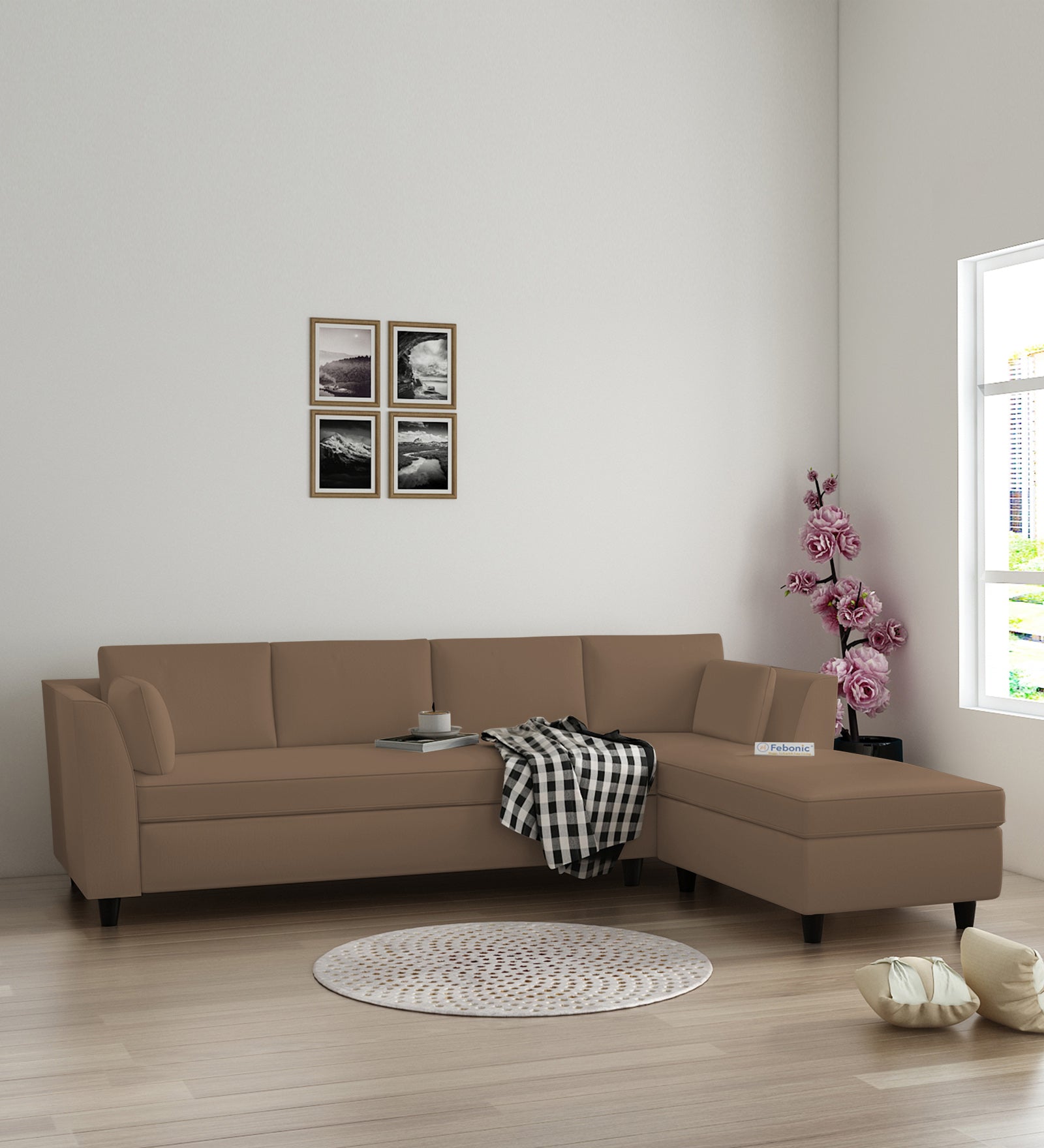 Bristo Velvet LHS Sectional Sofa (3+Lounger) In Mocha Mouse Colour - Febonic Living