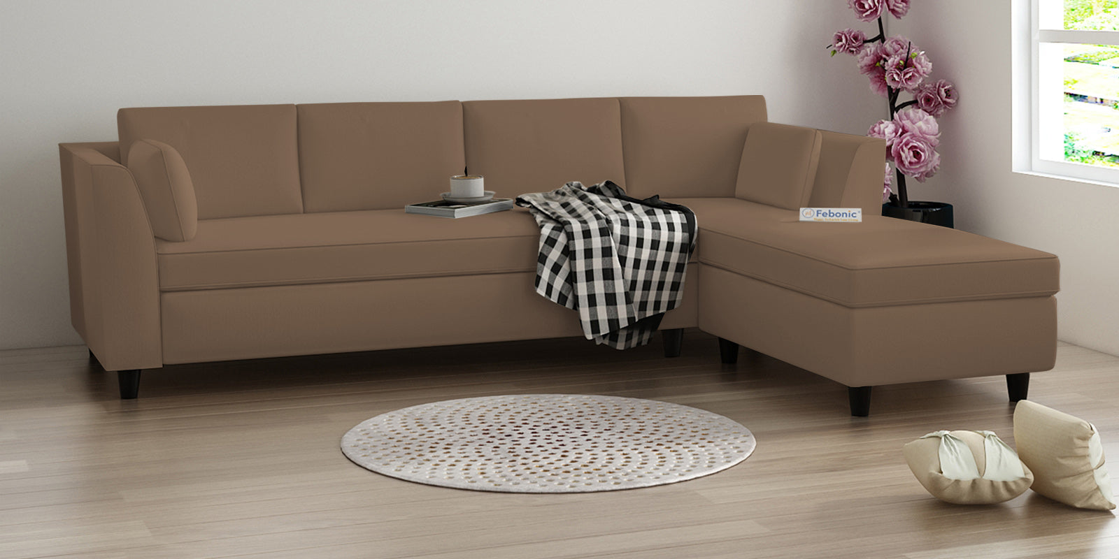 Bristo Velvet LHS Sectional Sofa (3+Lounger) In Mocha Mouse Colour - Febonic Living