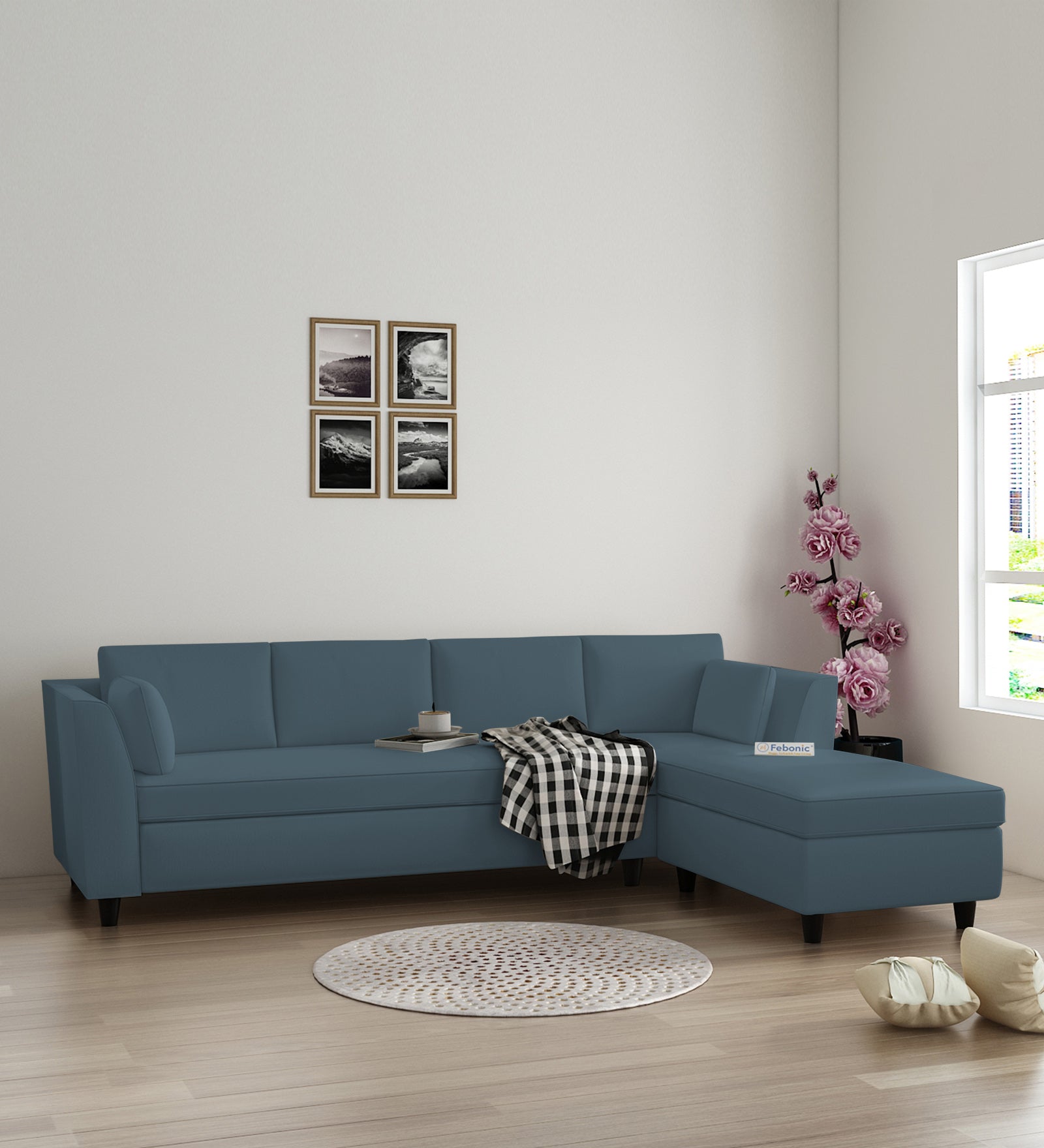 Bristo Velvet LHS Sectional Sofa (3+Lounger) In Oxford Blue Colour - Febonic Living