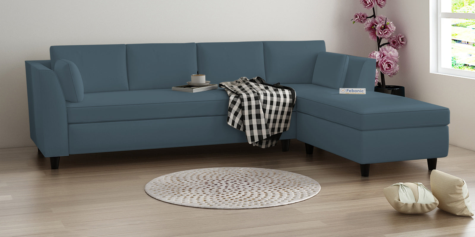 Bristo Velvet LHS Sectional Sofa (3+Lounger) In Oxford Blue Colour - Febonic Living