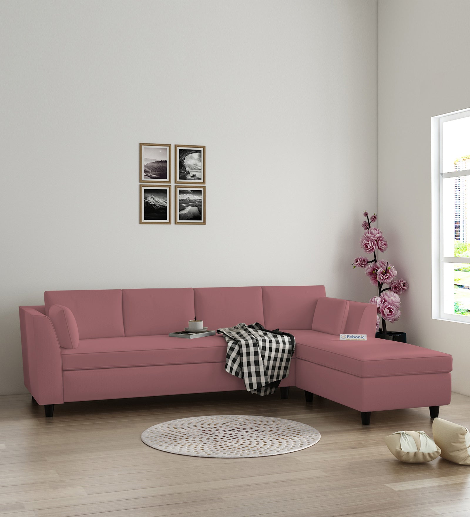 Bristo Velvet LHS Sectional Sofa (3+Lounger) In Rose Pink Colour - Febonic Living