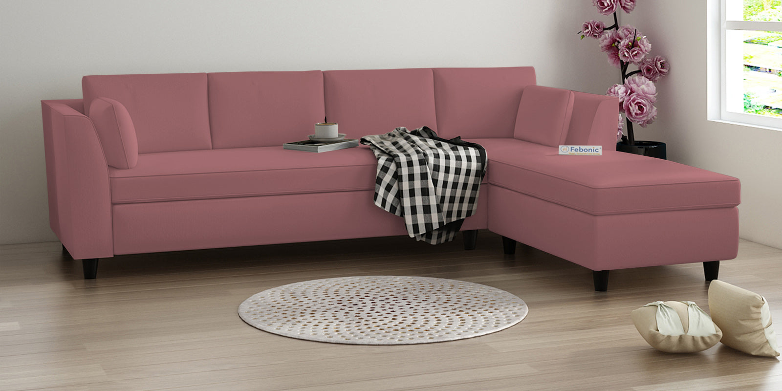 Bristo Velvet LHS Sectional Sofa (3+Lounger) In Rose Pink Colour - Febonic Living