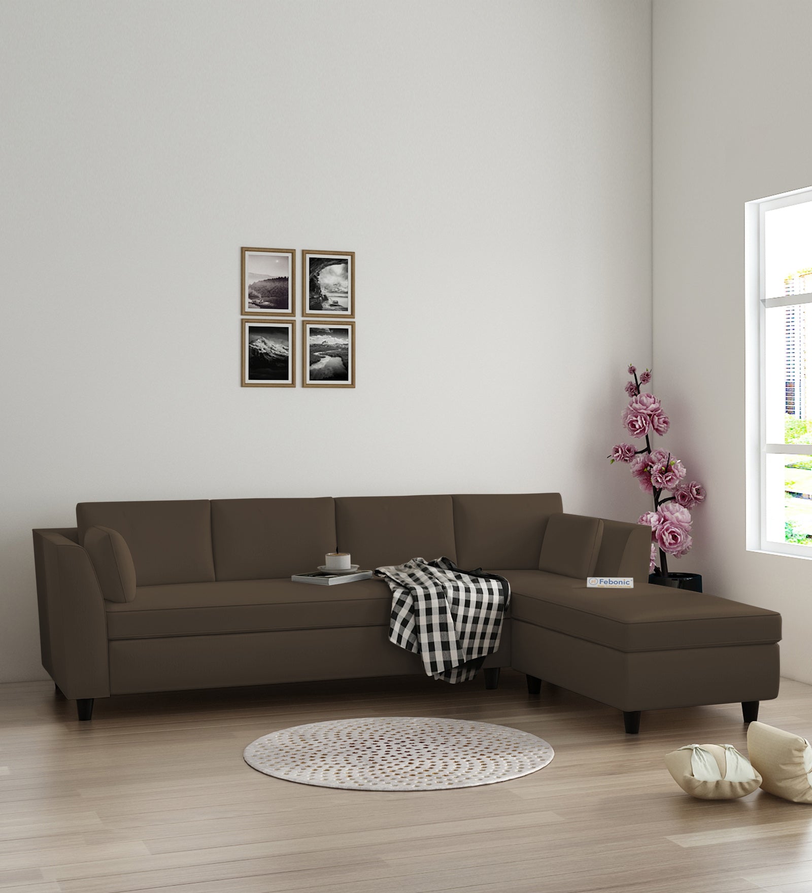 Bristo Velvet LHS Sectional Sofa (3+Lounger) In Shade Brown Colour - Febonic Living