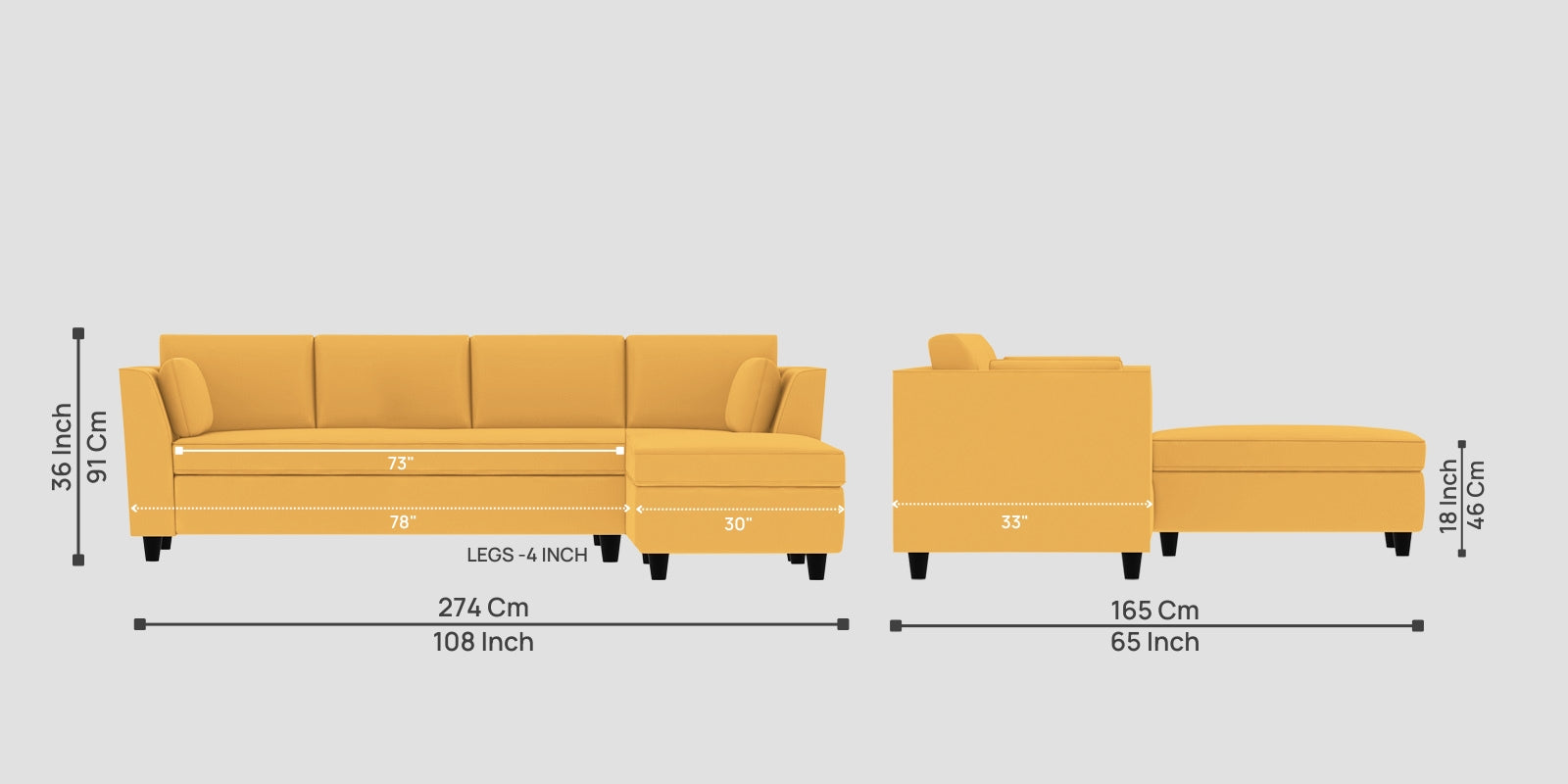 Bristo Velvet LHS Sectional Sofa (3+Lounger) In Turmeric Yellow Colour - Febonic Living