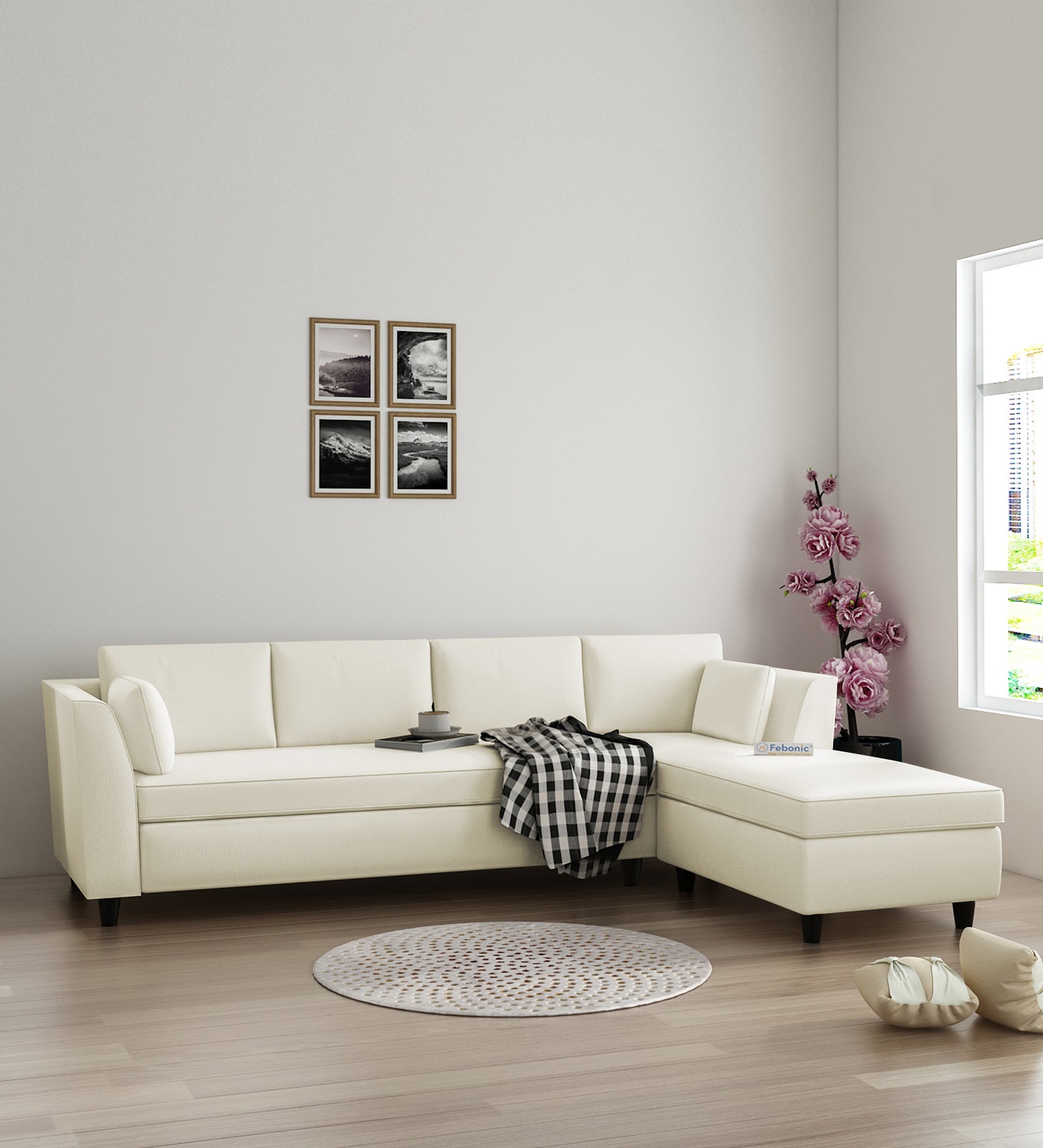 Bristo Velvet LHS Sectional Sofa (3+Lounger) In Warm White Colour - Febonic Living