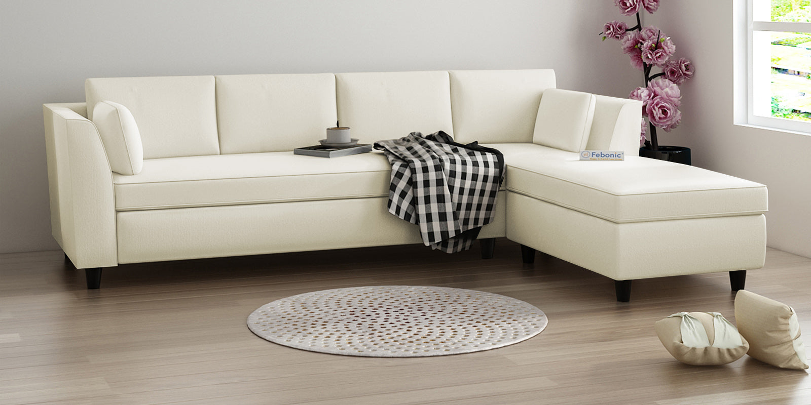 Bristo Velvet LHS Sectional Sofa (3+Lounger) In Warm White Colour - Febonic Living