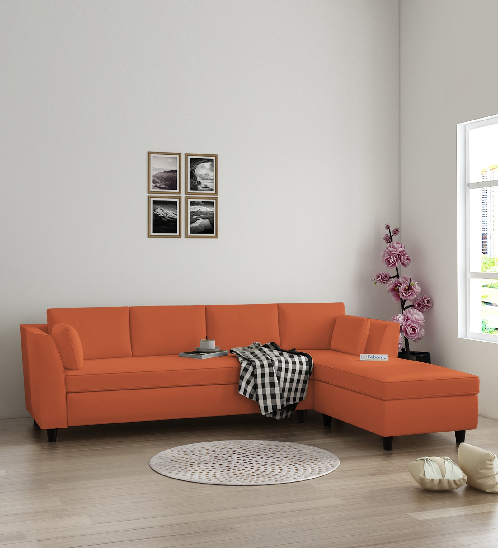 Bristo Velvet LHS Sectional Sofa (3+Lounger) In Yam Orange Colour - Febonic Living