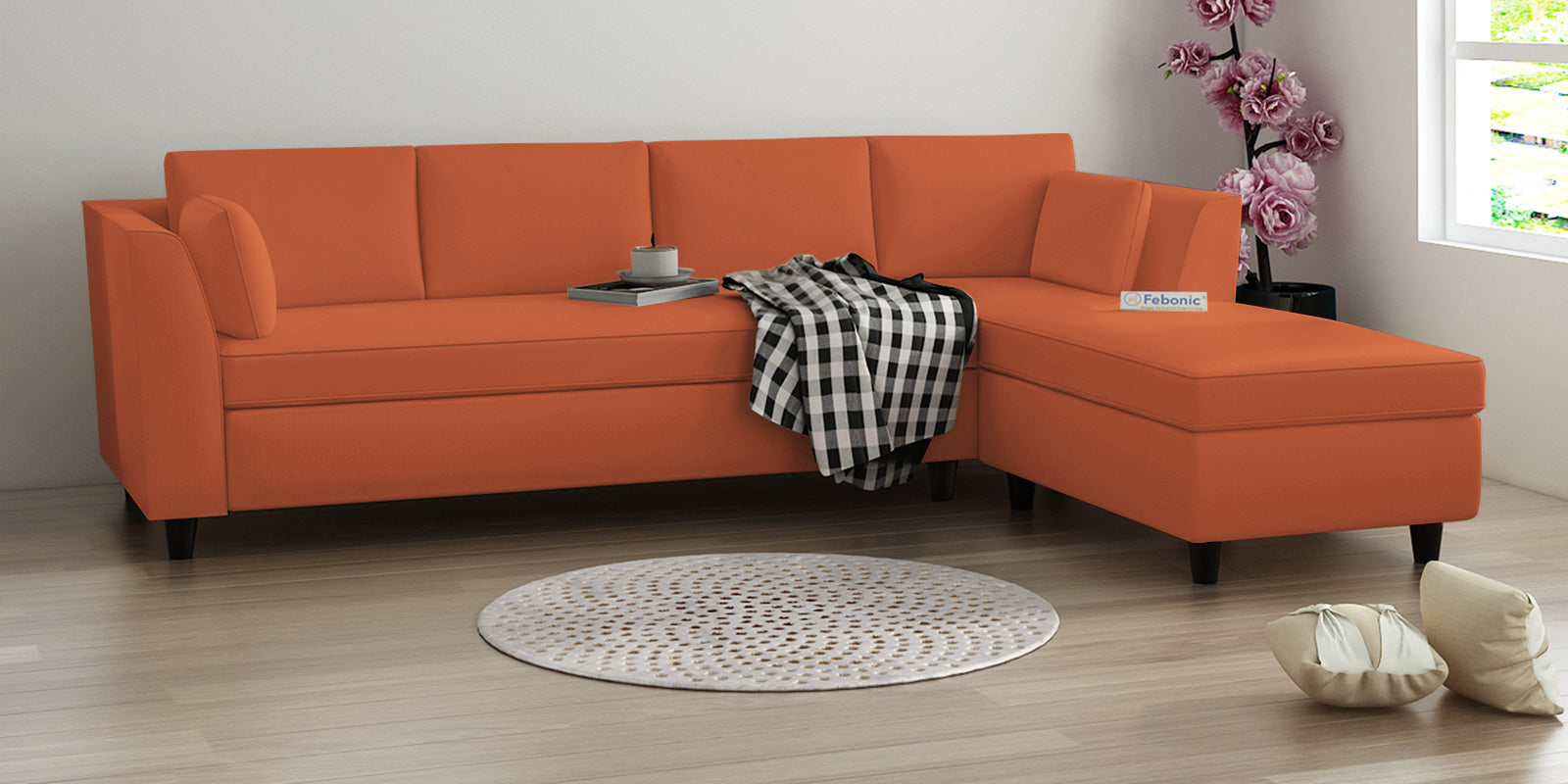 Bristo Velvet LHS Sectional Sofa (3+Lounger) In Yam Orange Colour - Febonic Living