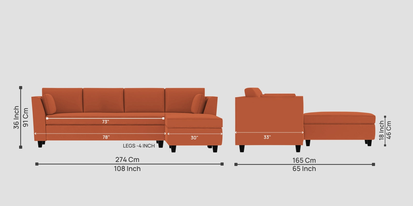 Bristo Velvet LHS Sectional Sofa (3+Lounger) In Yam Orange Colour - Febonic Living