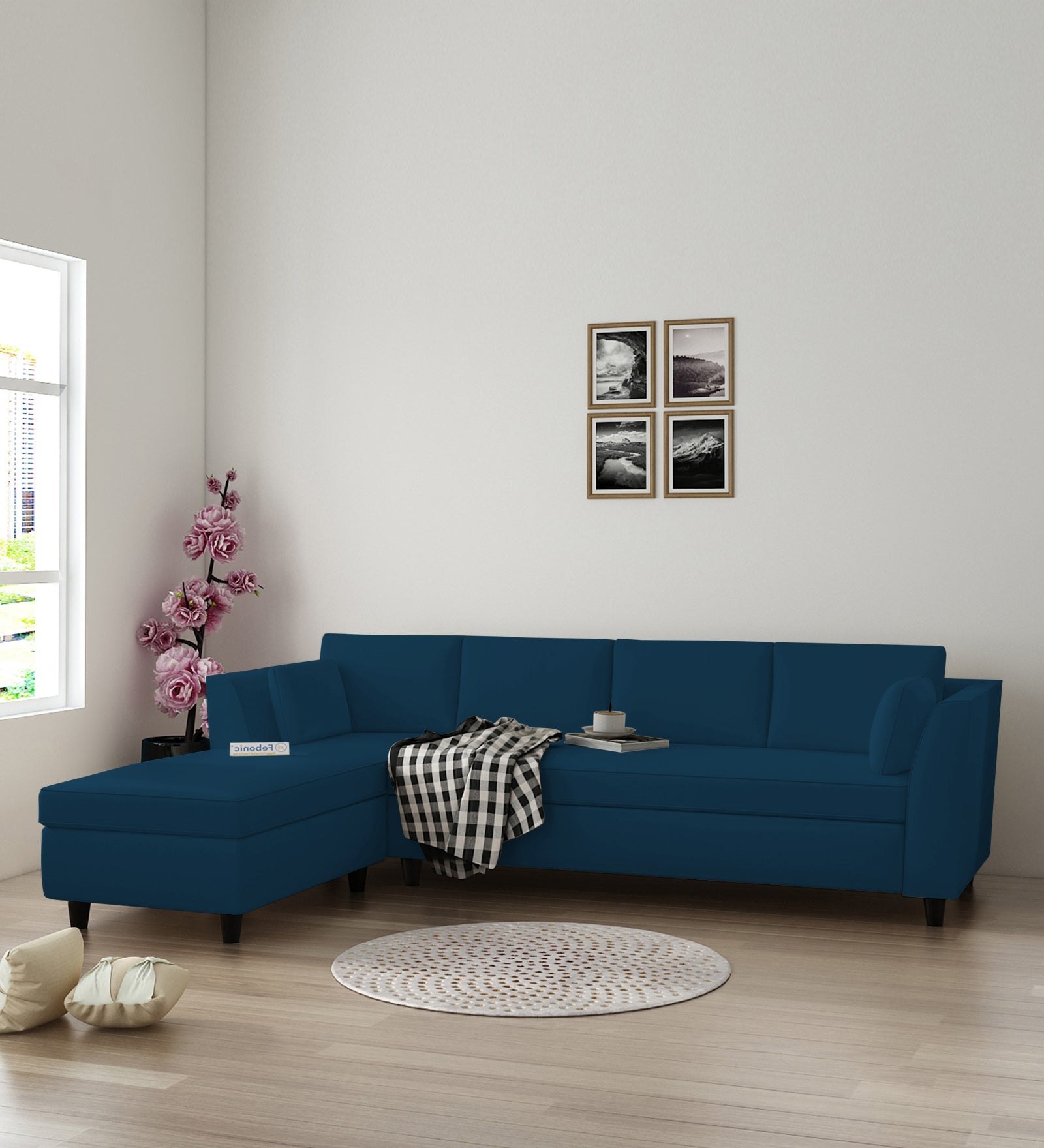 Bristo Velvet RHS Sectional Sofa (3+Lounger) in Azure Blue Colour - Febonic Living