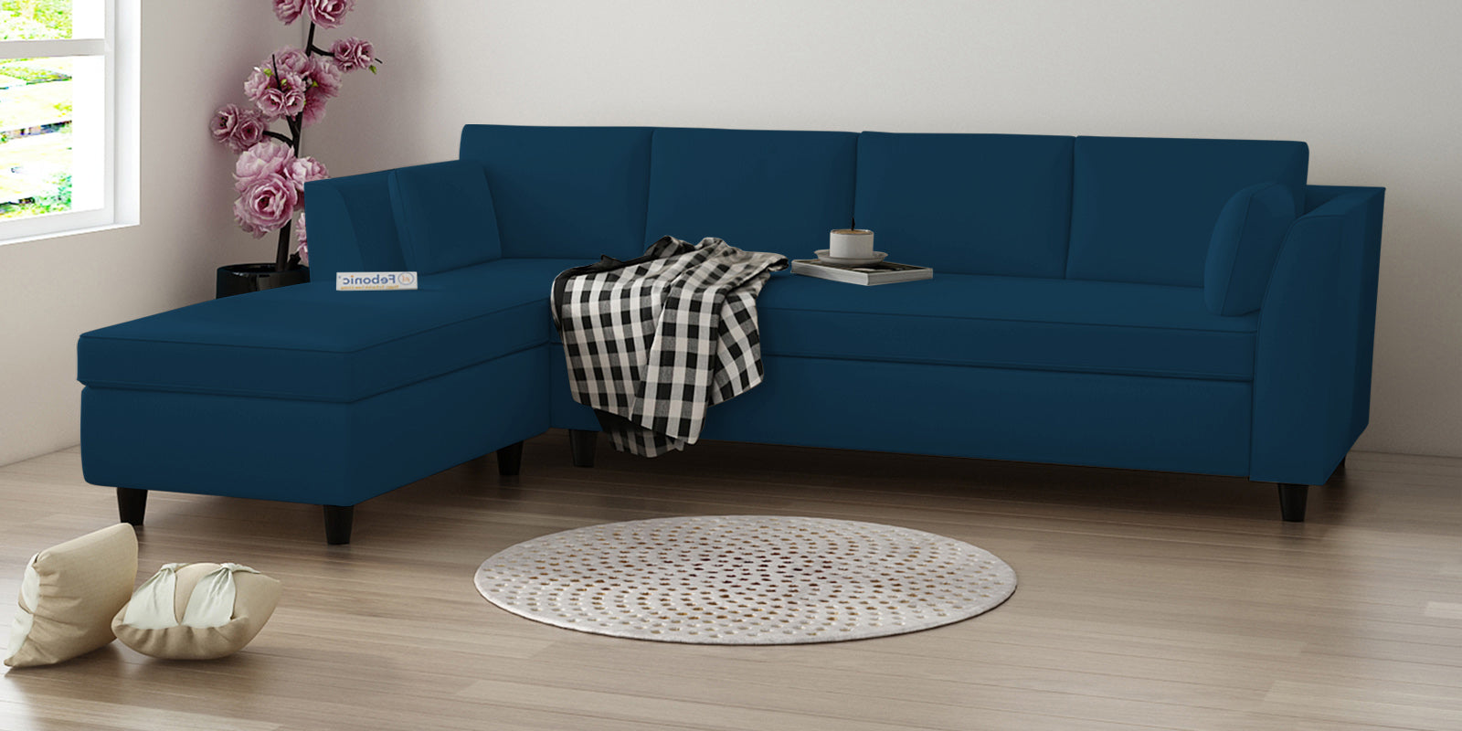 Bristo Velvet RHS Sectional Sofa (3+Lounger) in Azure Blue Colour - Febonic Living