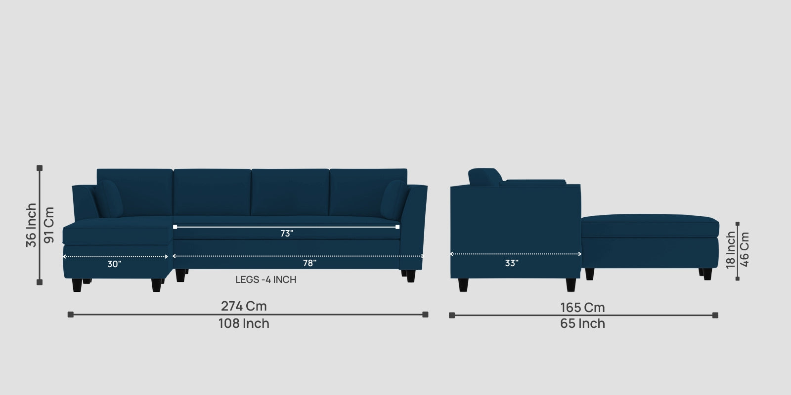 Bristo Velvet RHS Sectional Sofa (3+Lounger) in Azure Blue Colour - Febonic Living