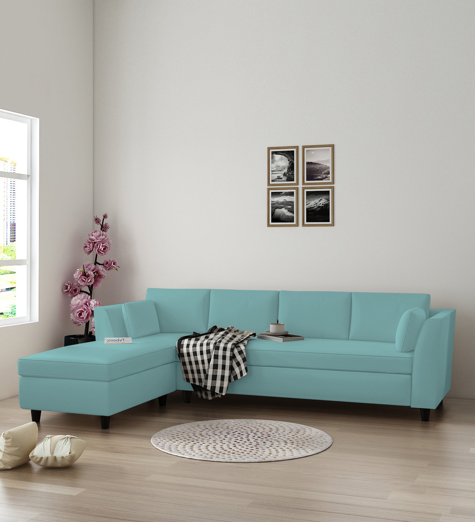 Bristo Velvet RHS Sectional Sofa (3+Lounger) in Barmunda Aqua Colour - Febonic Living