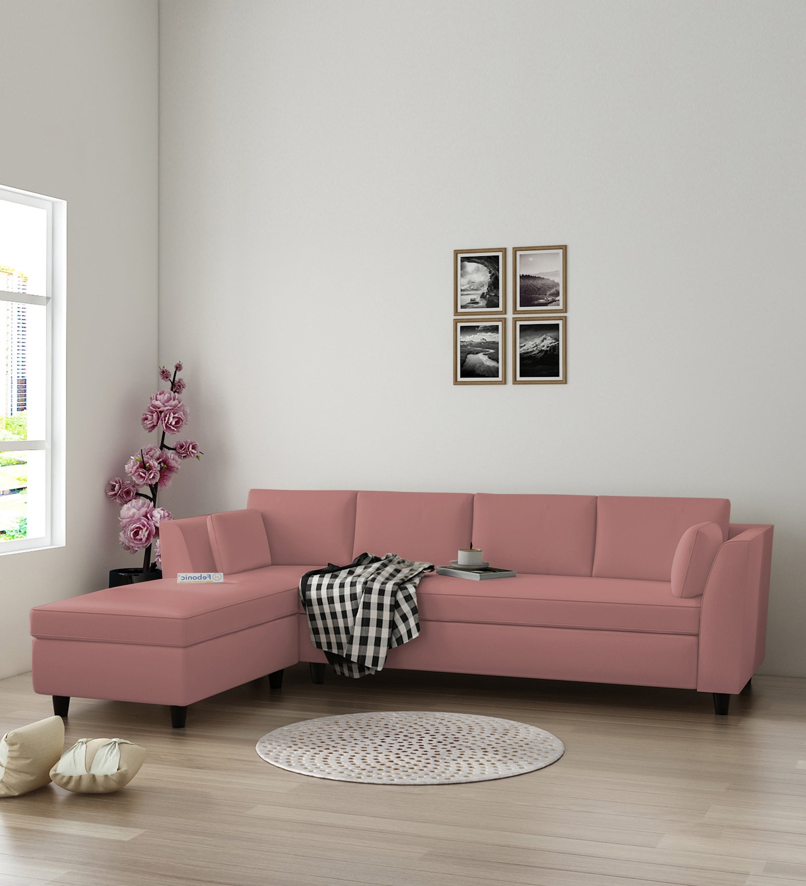 Bristo Velvet RHS Sectional Sofa (3+Lounger) in Blush Pink Colour - Febonic Living