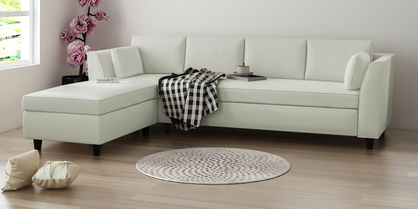 Bristo Velvet RHS Sectional Sofa (3+Lounger) in Bone Grey Colour - Febonic Living